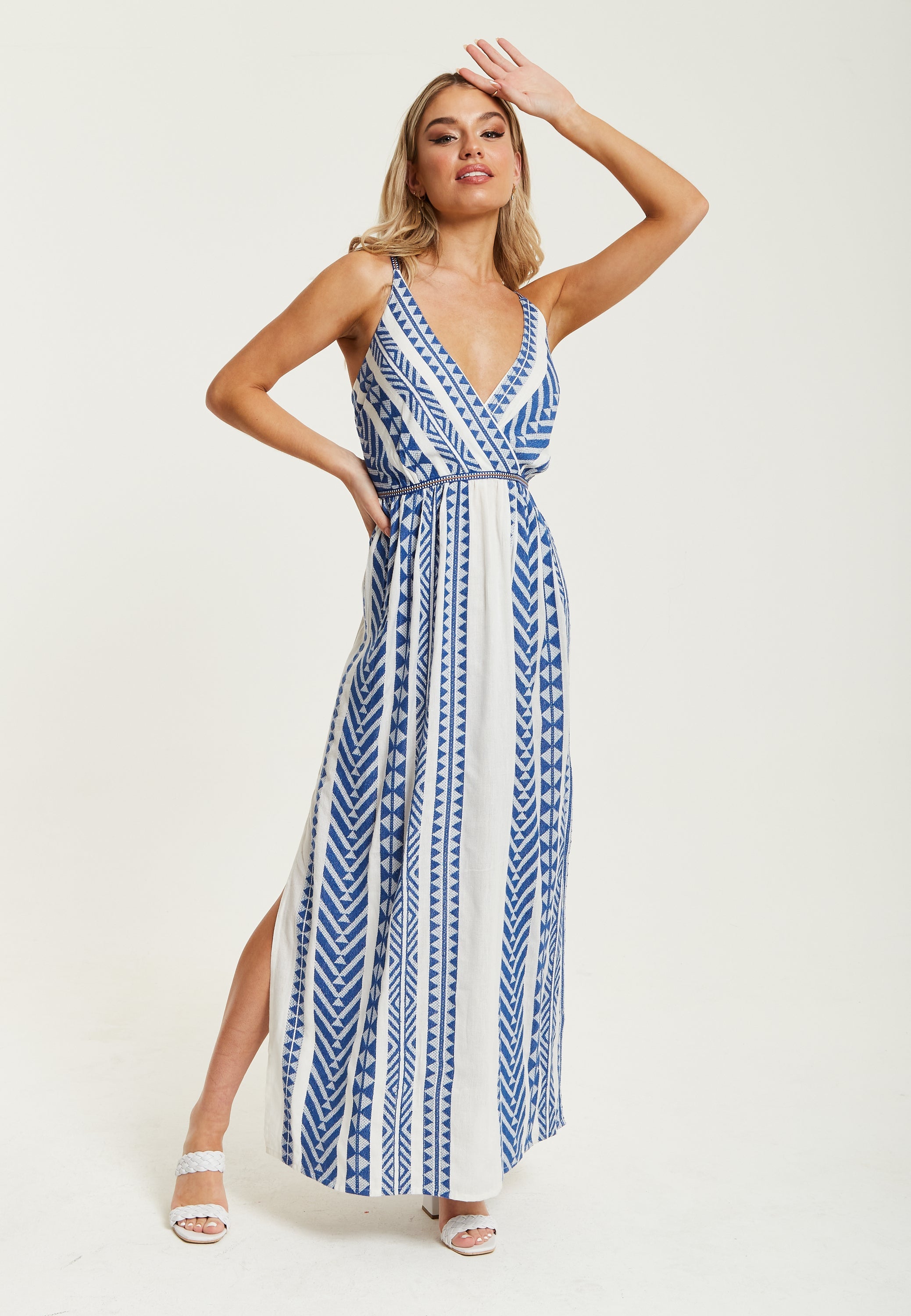 Women’s Maxi Dress in White and Blue with Sleeveless Design - Liquorish