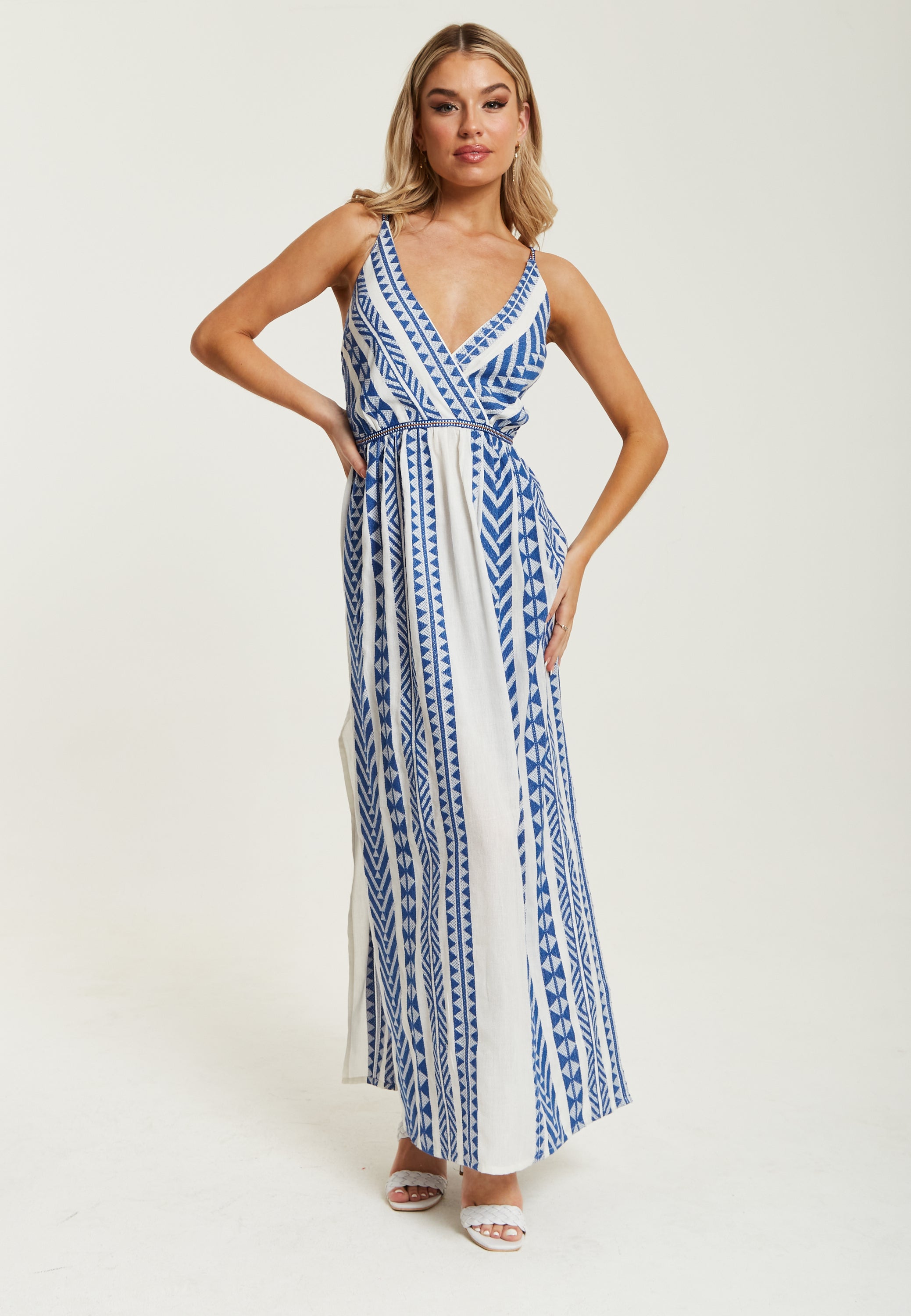 Women’s Maxi Dress in White and Blue with Sleeveless Design - Liquorish