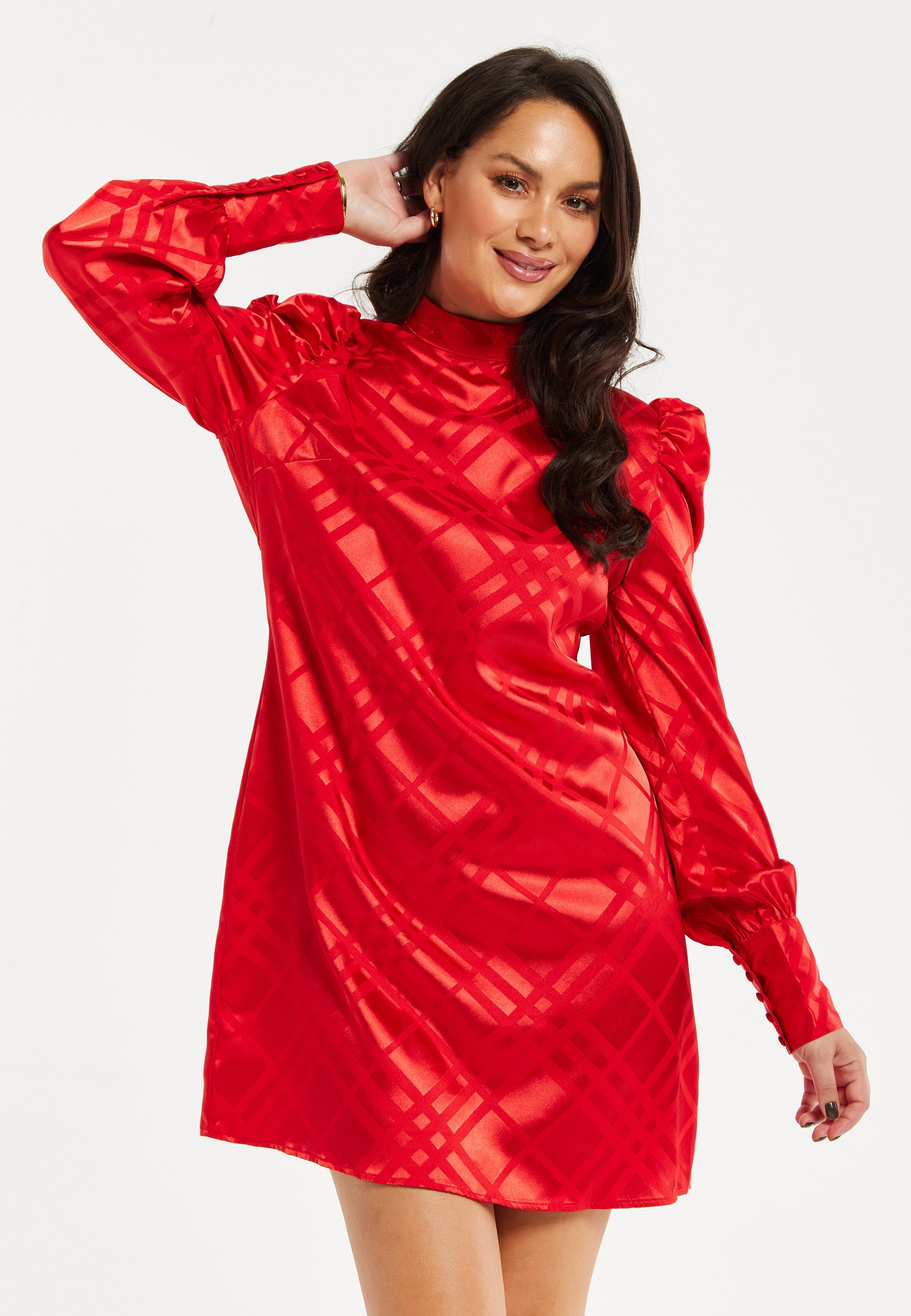 Women's Mini Dress in Red with High Neck, Puff Sleeves, and Check Jacquard Design - Liquorish