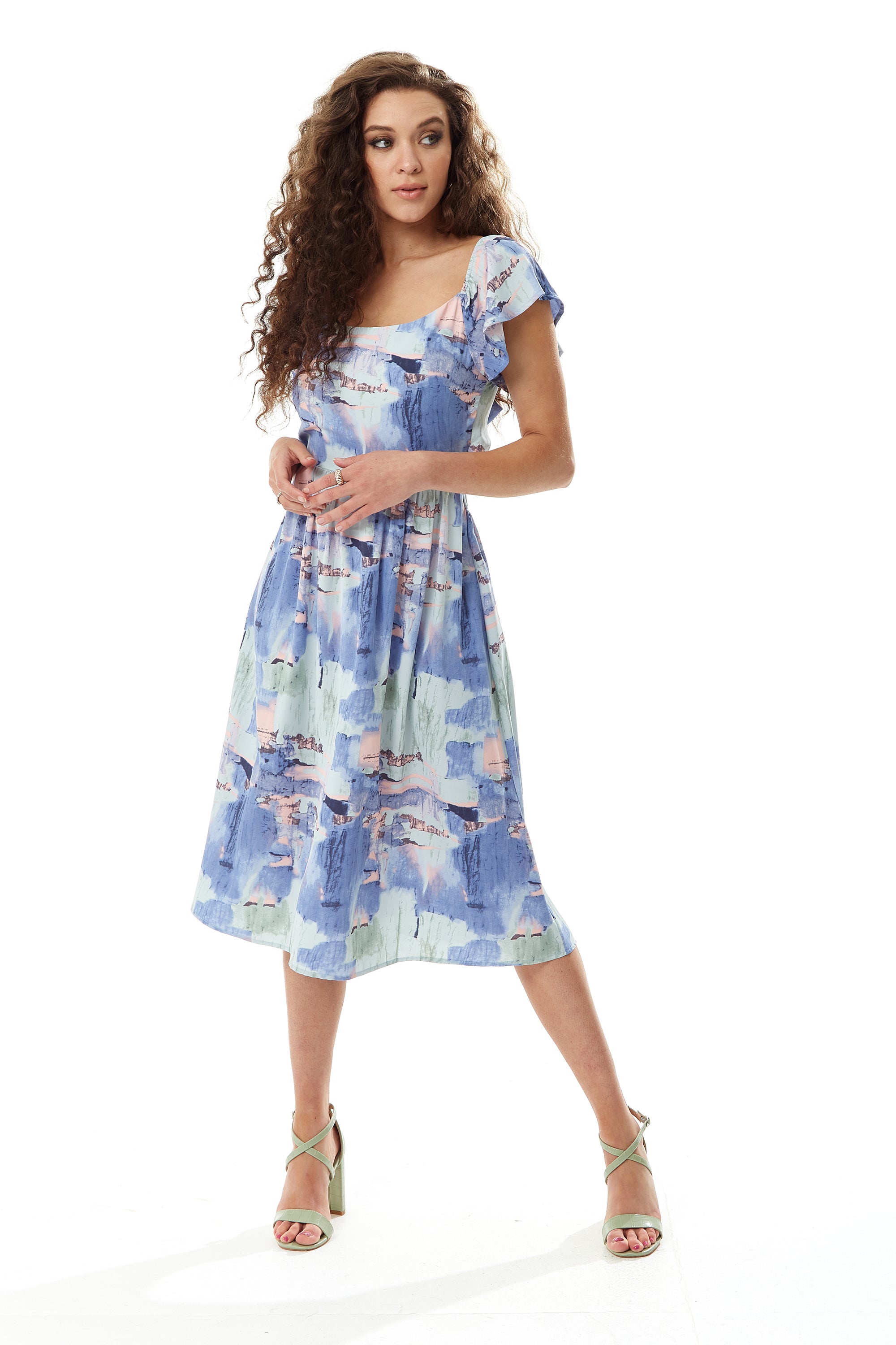 Women's Midi Dress with Frill Sleeves in Pastel Tones - Cut Out Back Style by Liquorish