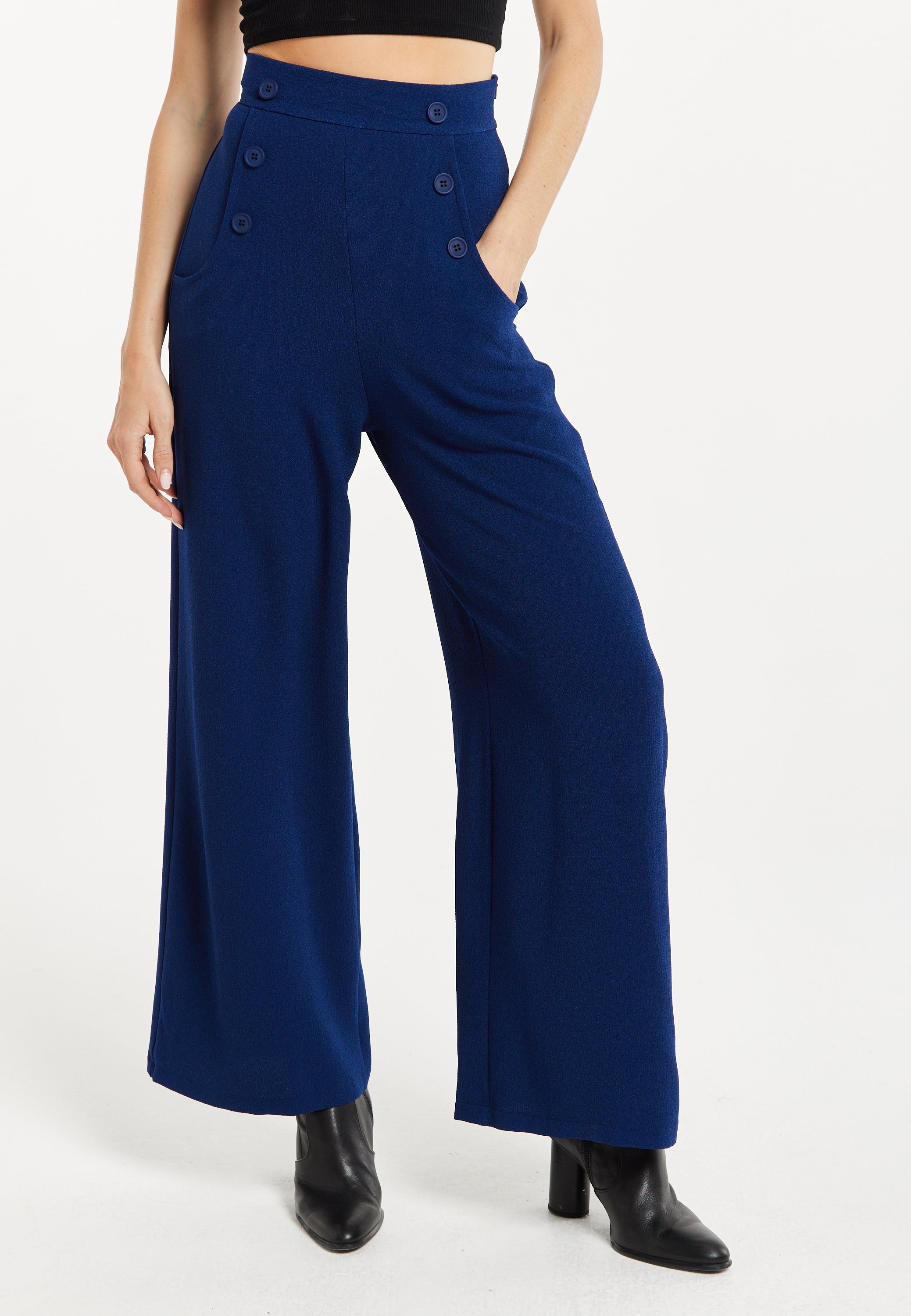 Women's Trousers - High Waist Navy Wide Leg with Front Buttons & Zip-Side Fastening, Liquorish
