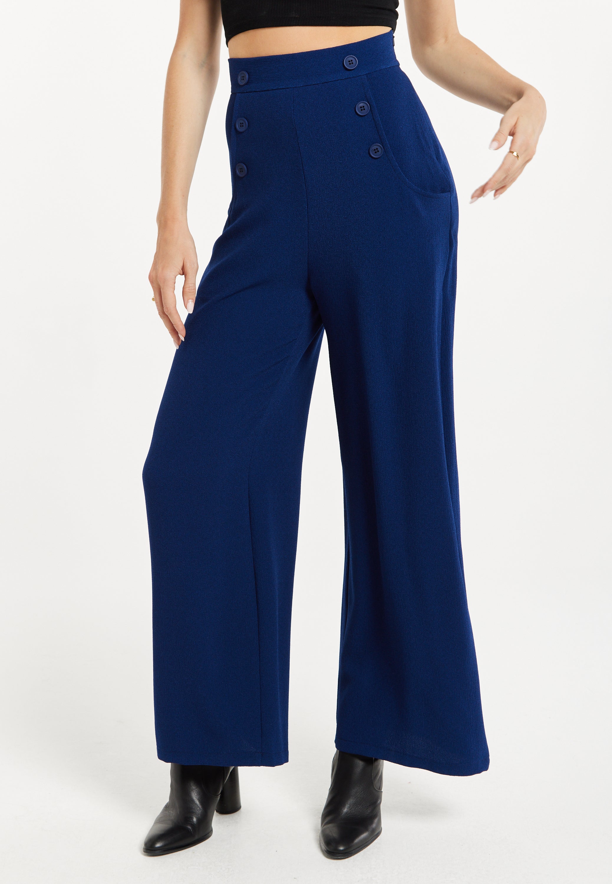 Women's Trousers - High Waist Navy Wide Leg with Front Buttons & Zip-Side Fastening, Liquorish