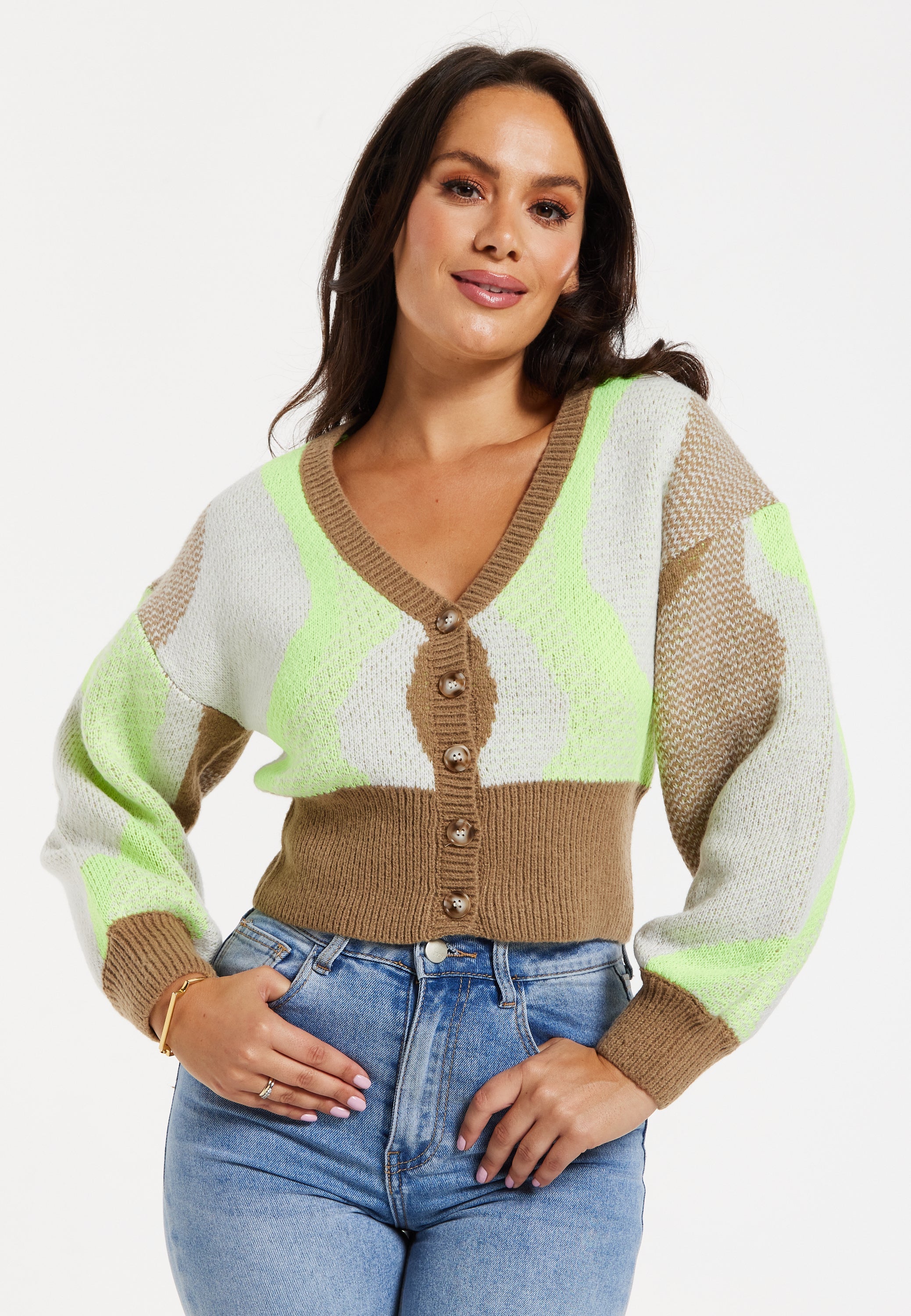 Women's Cardigan - Crop Fit Long Sleeve Button Up in Brown, Green & Cream - Liquorish