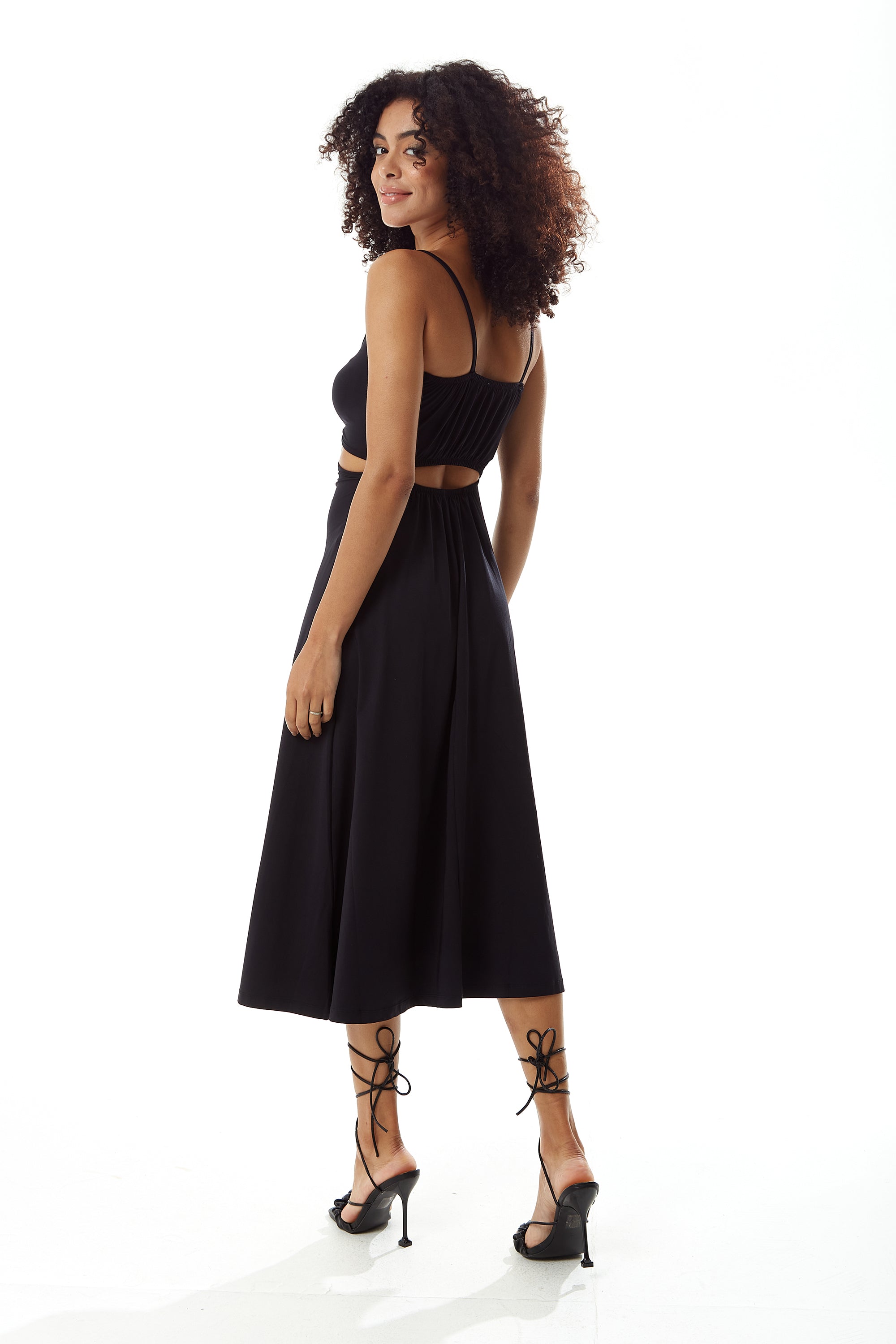 Women's Midi Dress, Elegant Black Cami Dress with Alluring Cut-Out Details