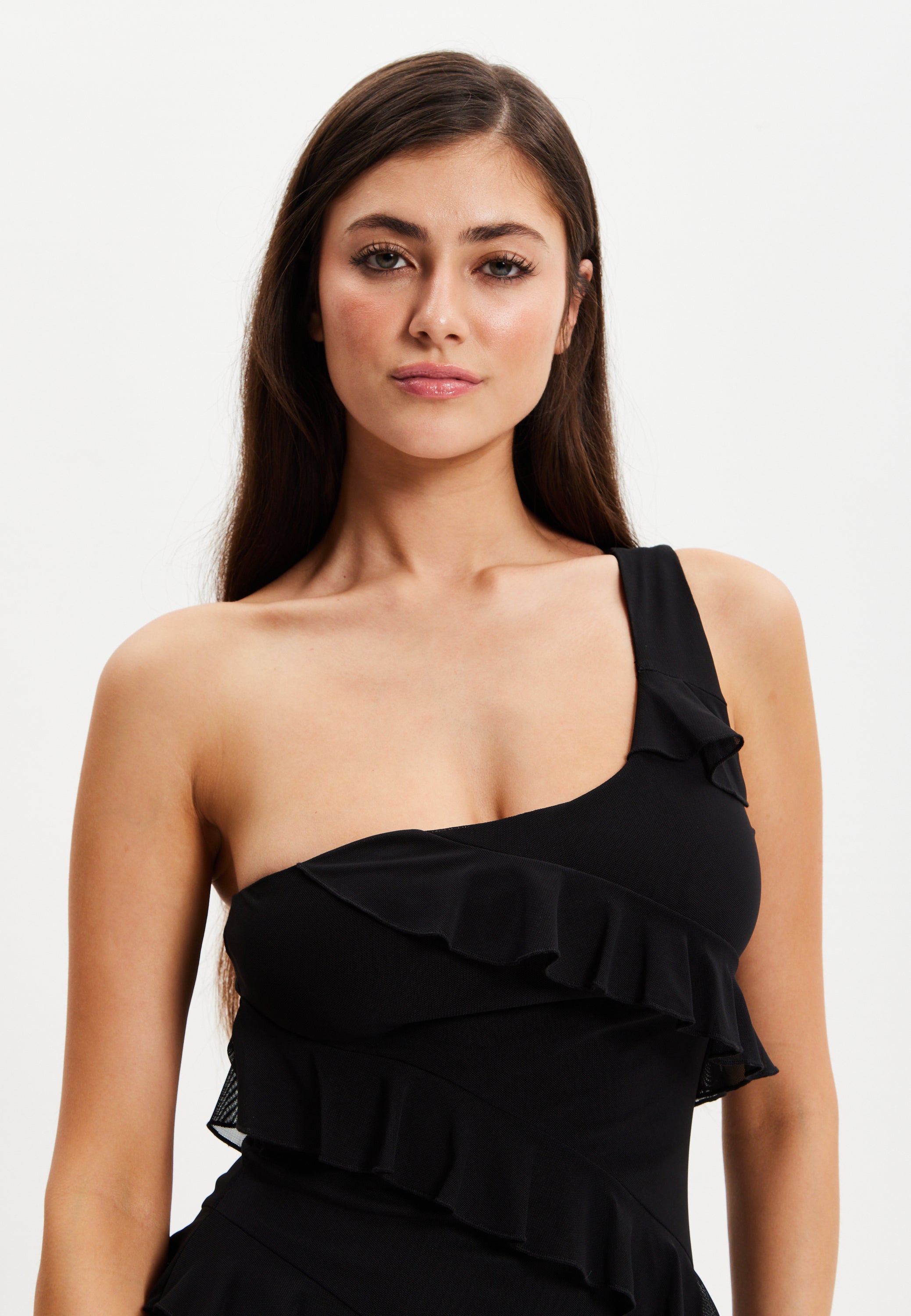 Women's Mini Dress with One Shoulder Design and Diagonal Ruffle Detail in Black - Liquorish