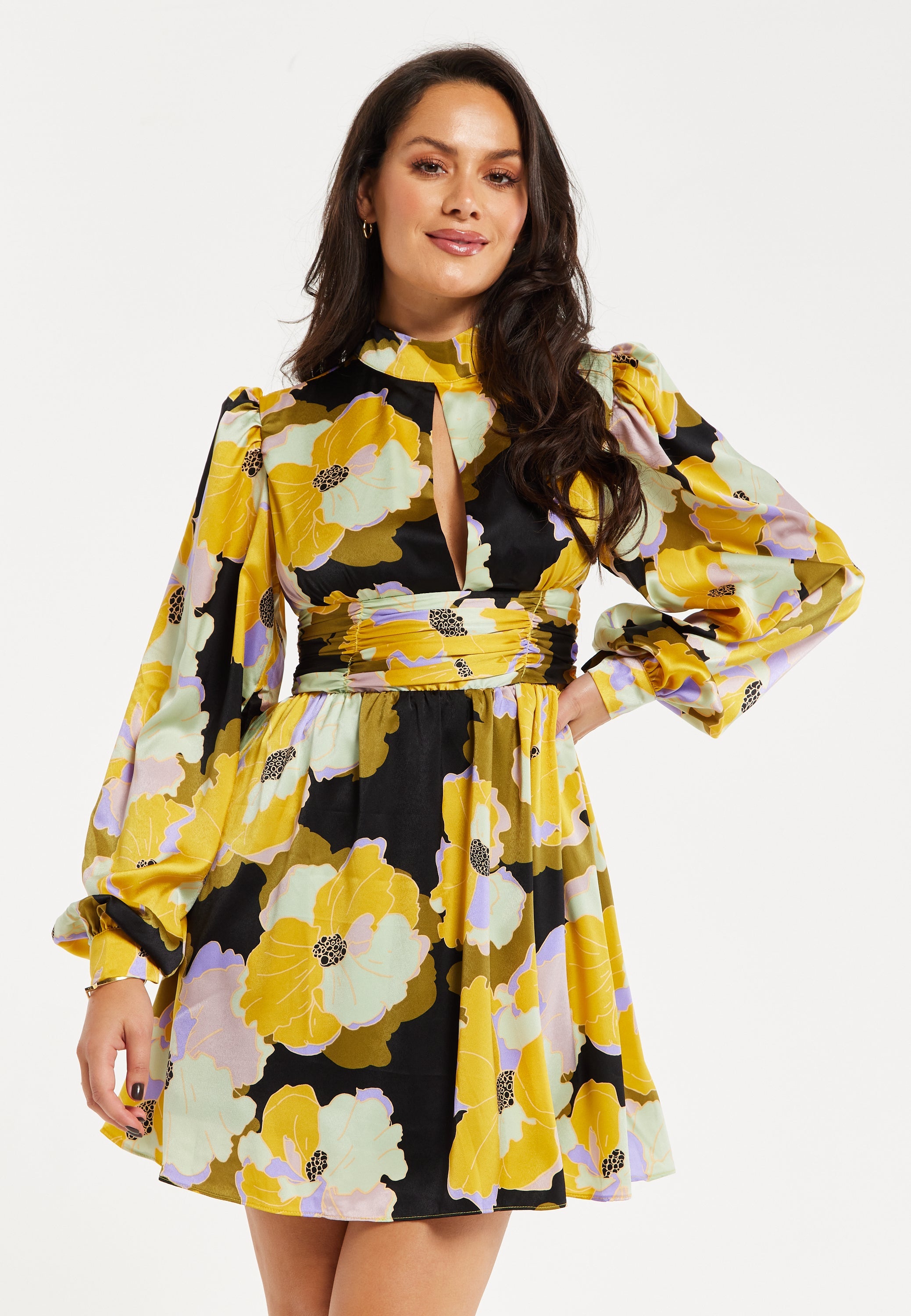 Women's Mini Dress in Earth Tone with Long Balloon Sleeves and Abstract Floral Print - Liquorish
