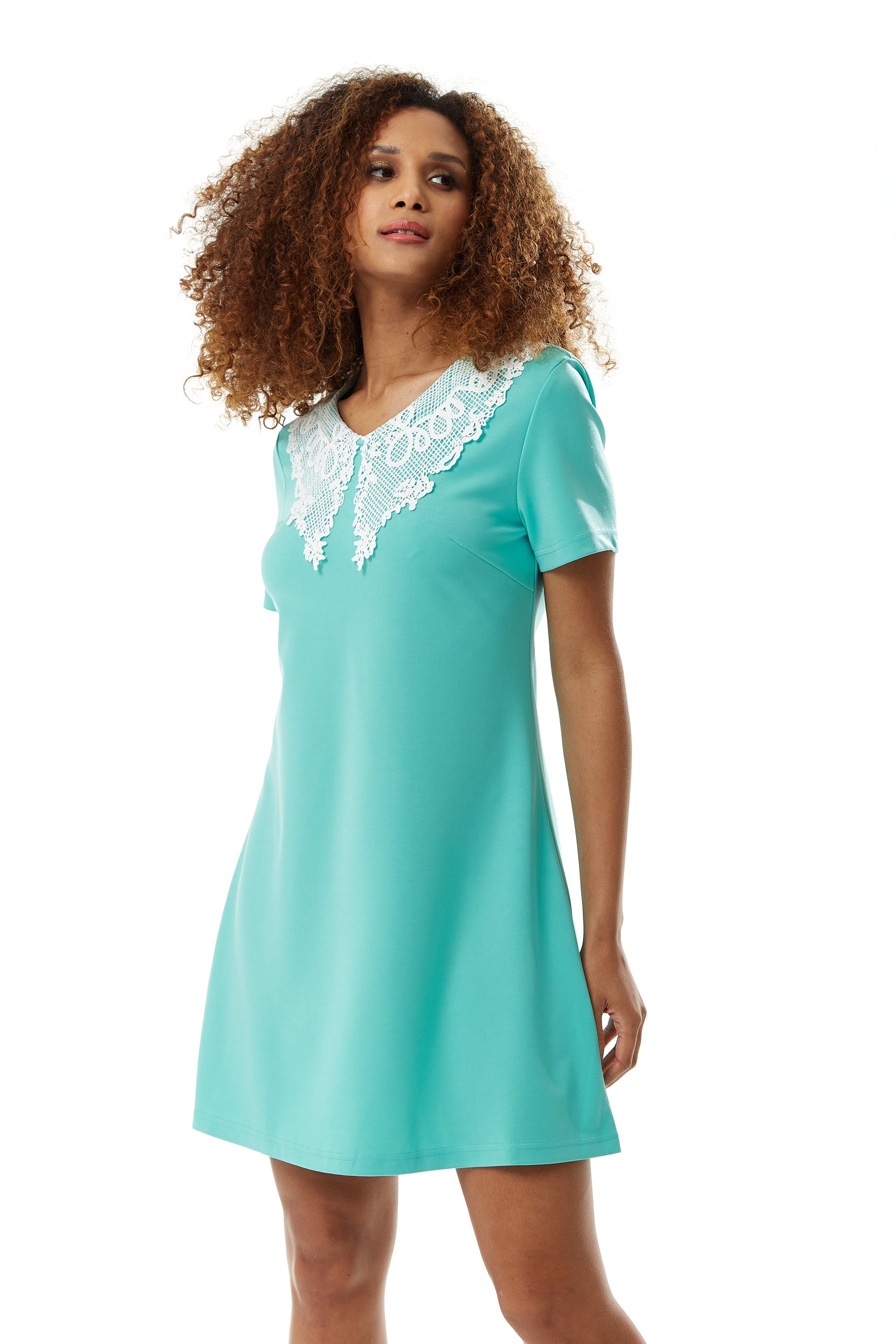 Women's Mini Dress with Lace Collar, Mint Green, Regular Fit, Comfortable Stretch Fabric, Elegant Style - Liquorish