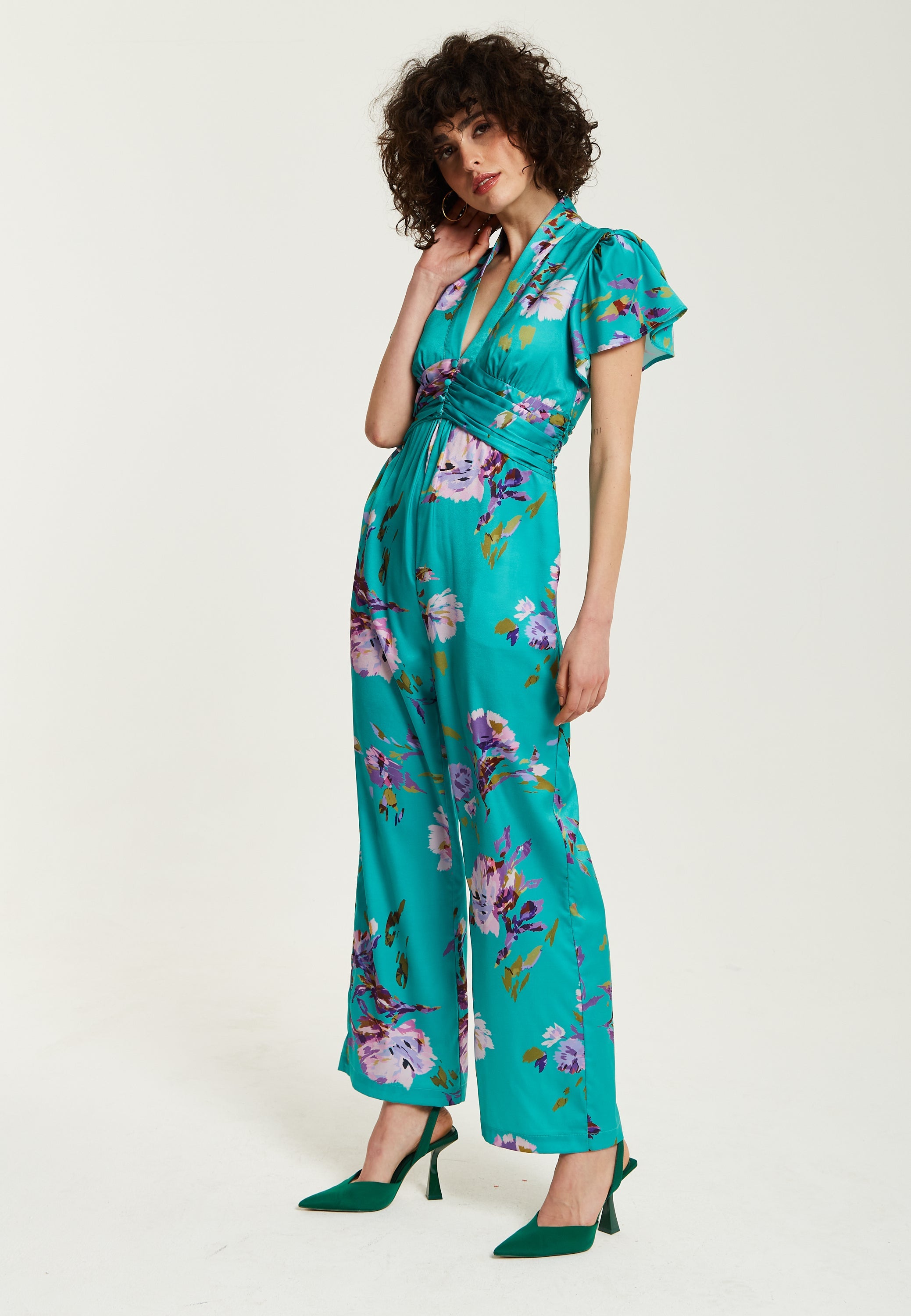 Women's Jumpsuit in Green Floral Print with Short Sleeves and V Neck - Regular Fit by Liquorish