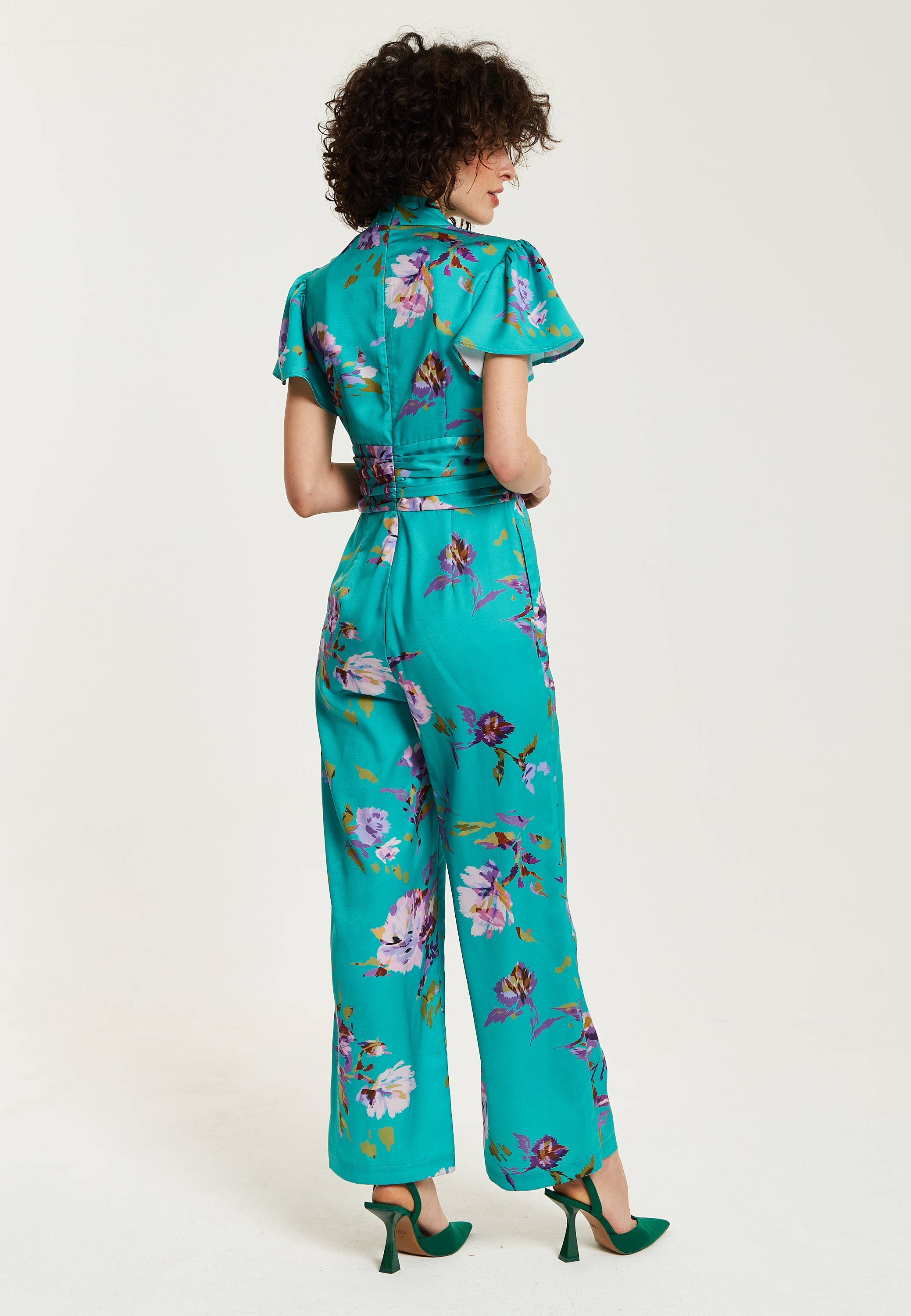 Women's Jumpsuit in Green Floral Print with Short Sleeves and V Neck - Regular Fit by Liquorish