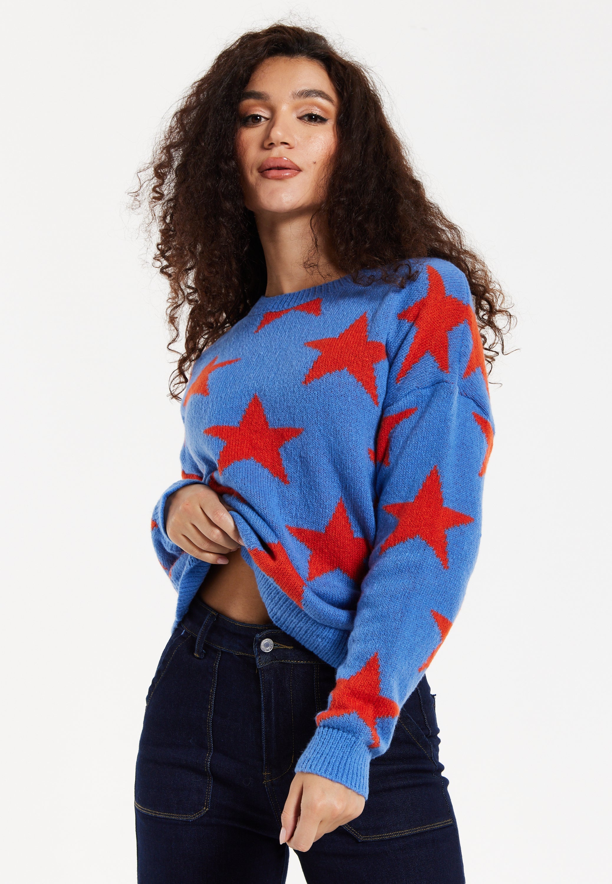 Women's Jumper in Blue with Full-Length Sleeves and Unique Red Star Pattern
