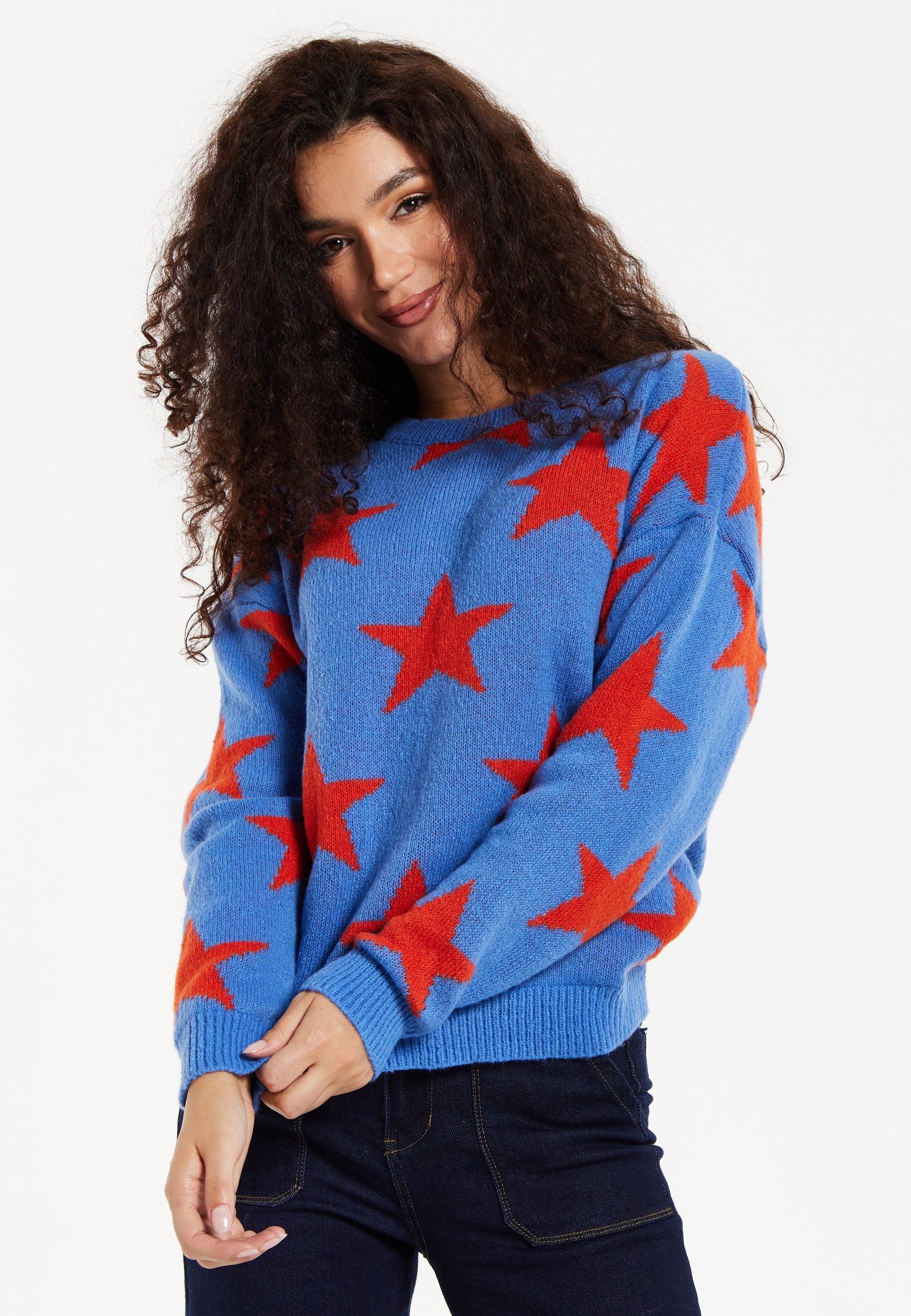 Women's Jumper in Blue with Full-Length Sleeves and Unique Red Star Pattern