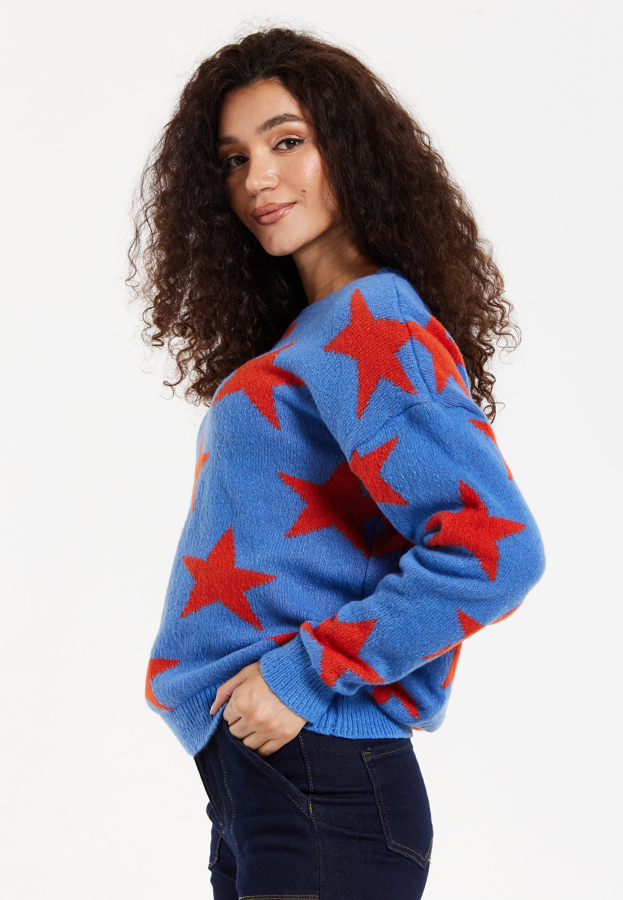 Women's Jumper in Blue with Full-Length Sleeves and Unique Red Star Pattern