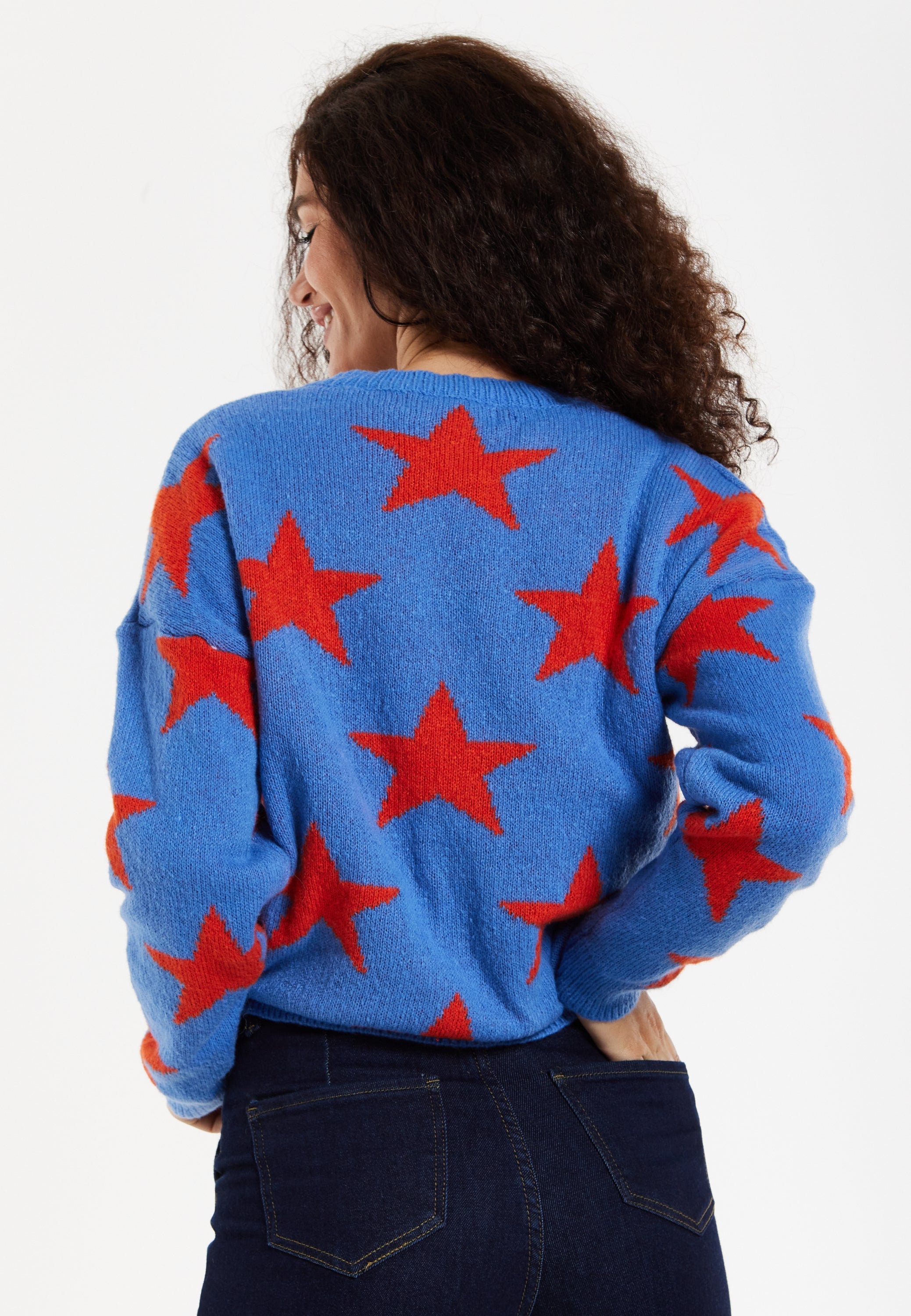 Women's Jumper in Blue with Full-Length Sleeves and Unique Red Star Pattern