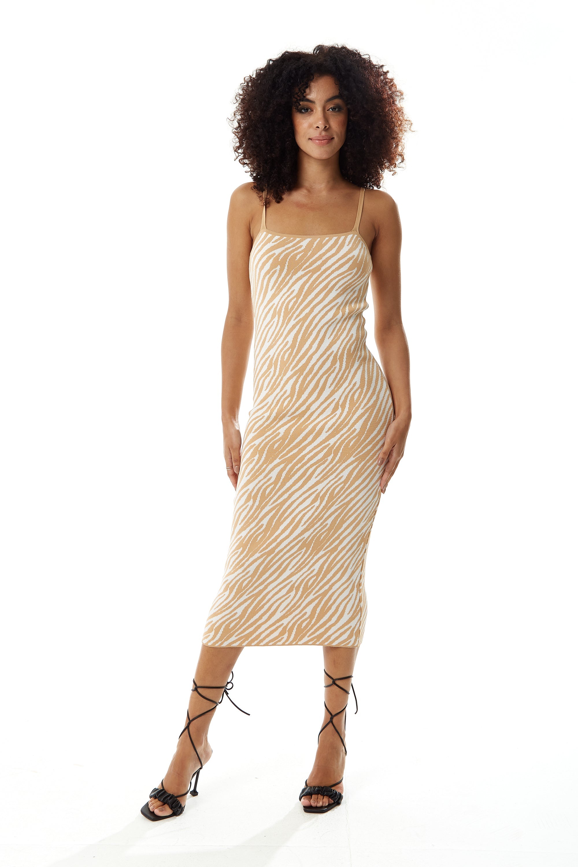 Women’s Midi Dress in Cream and White Zebra Print with Sleeveless Design
