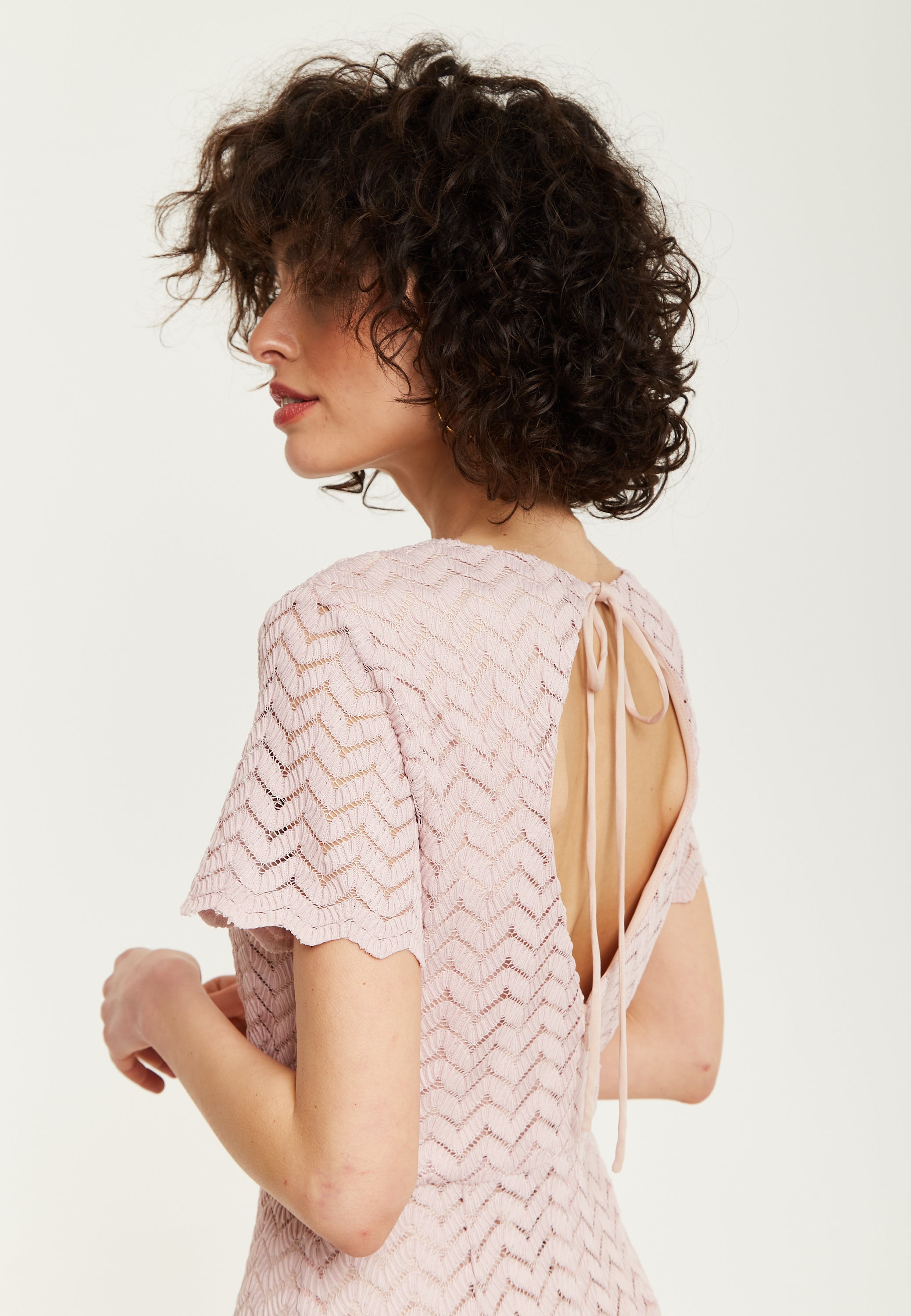 Women’s Maxi Dress in Light Pink with Lace, Short Sleeves, Open Back Detail - Liquorish