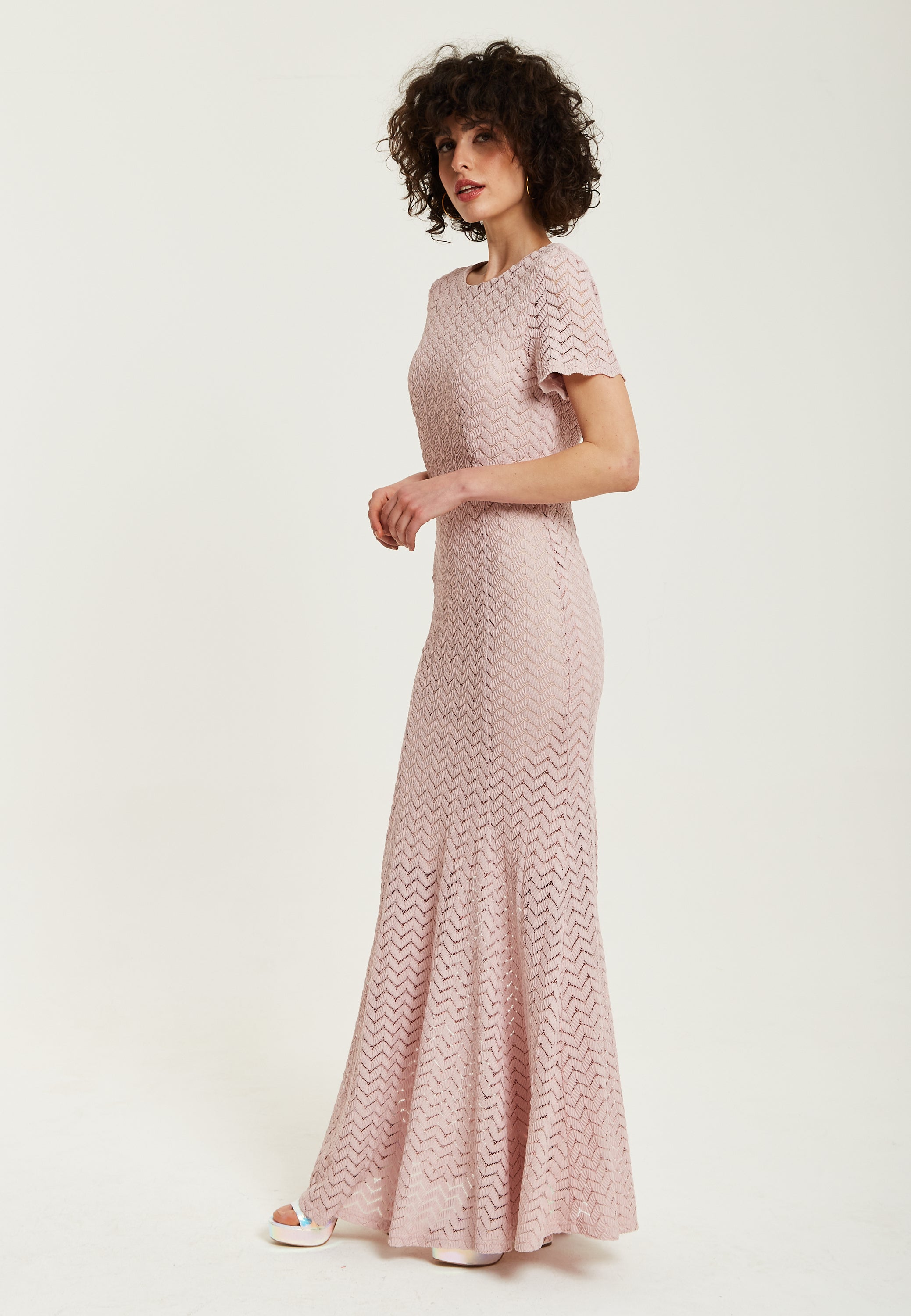 Women’s Maxi Dress in Light Pink with Lace, Short Sleeves, Open Back Detail - Liquorish