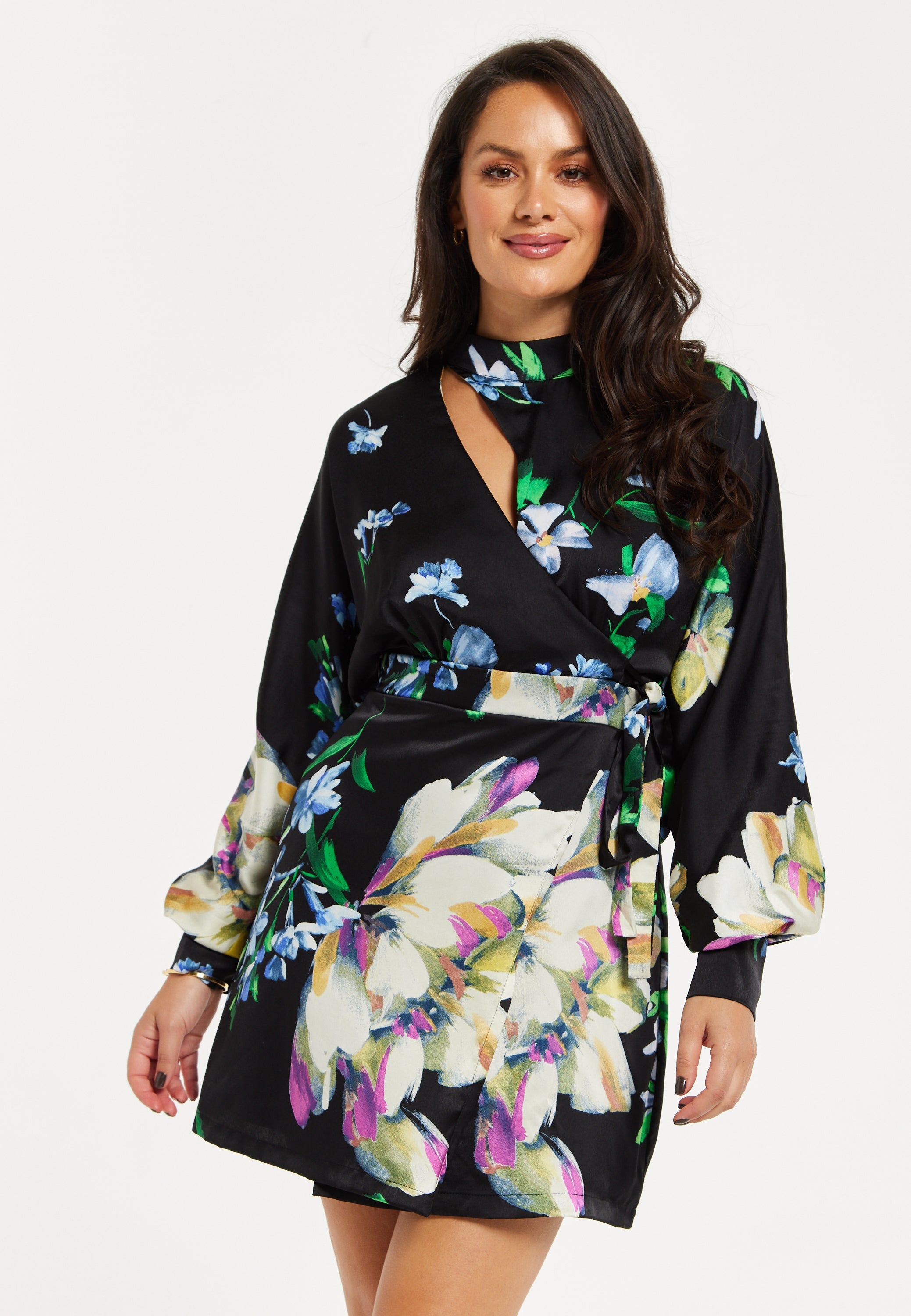 Women's Mini Dress with Long Balloon Sleeves in Floral Print and Cut Out Detail - Elegant Black and Multi-Colored Design by Liquorish