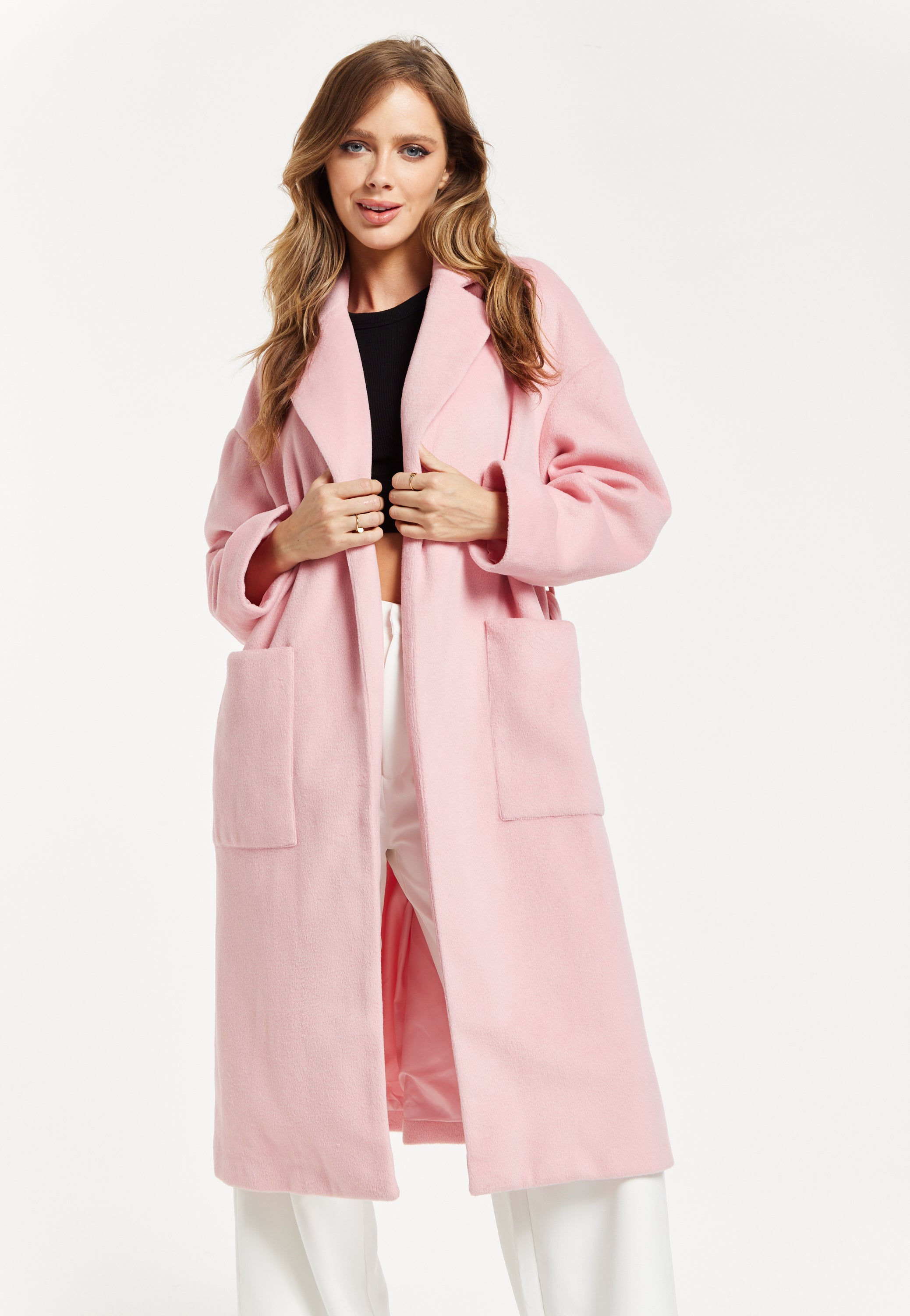 Women’s Pink Longline Coat with Notch Collar and Tie Waist – Relaxed Fit, Side Pockets, Fits Large to Size, Liquorish