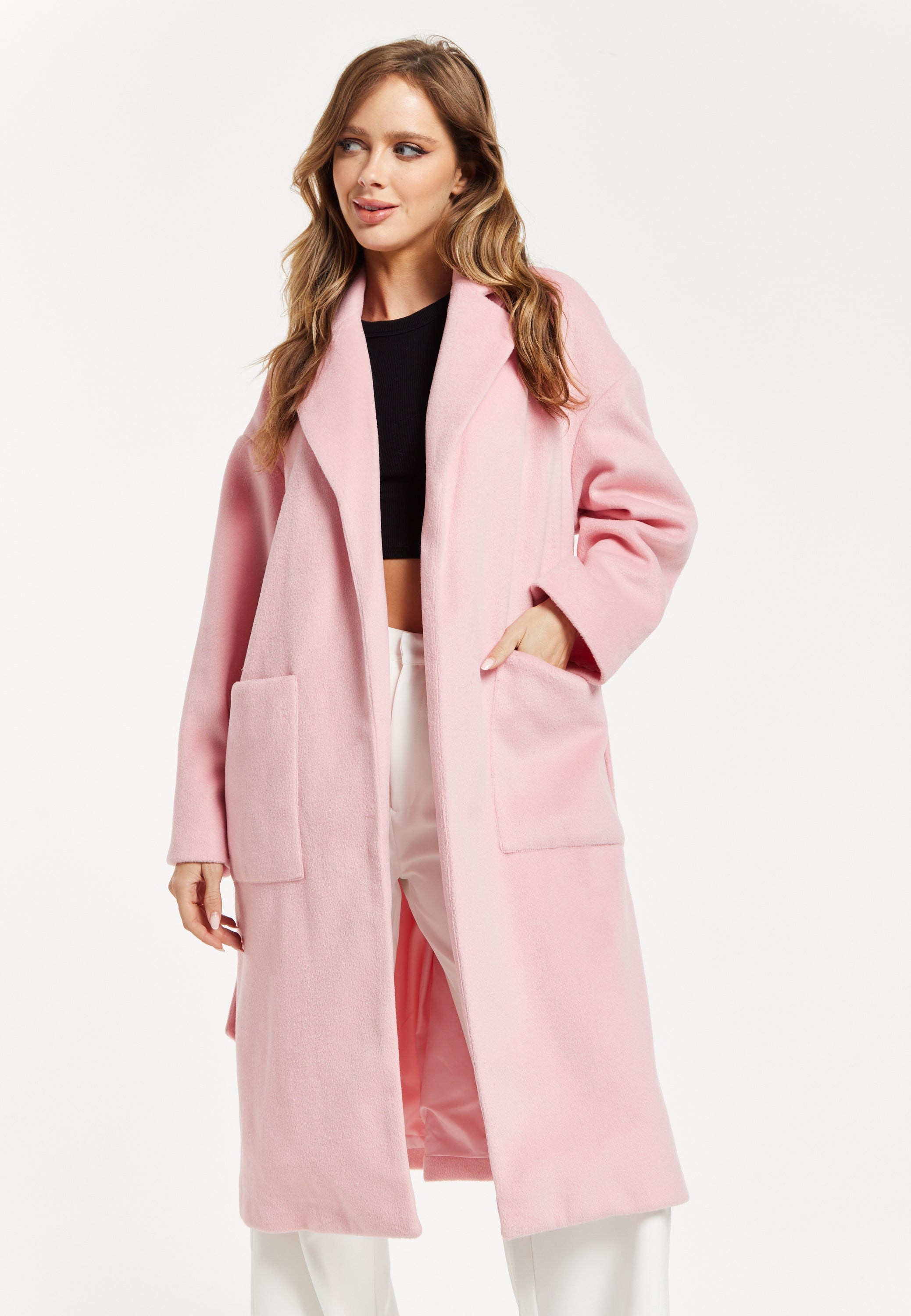 Women’s Pink Longline Coat with Notch Collar and Tie Waist – Relaxed Fit, Side Pockets, Fits Large to Size, Liquorish
