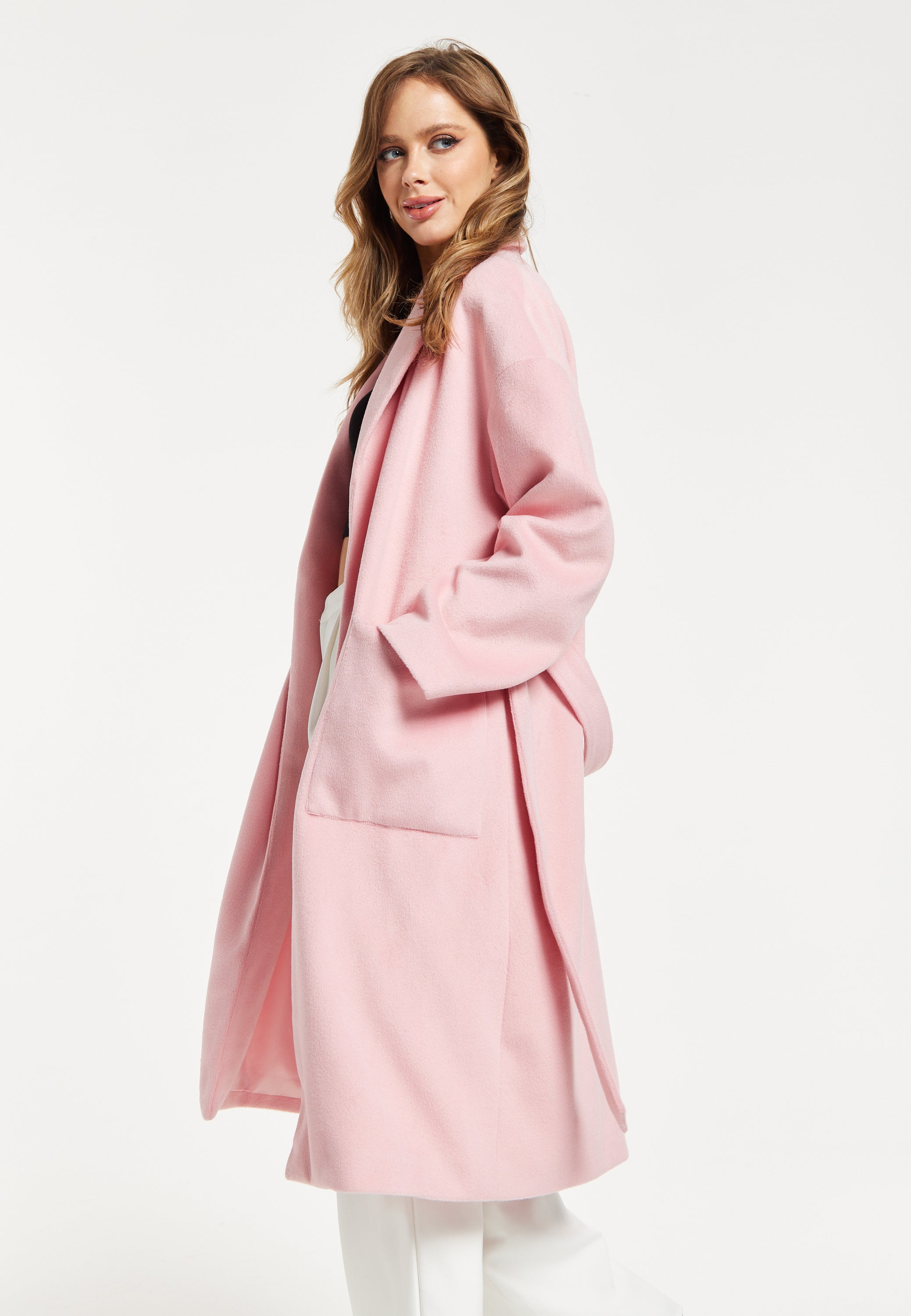 Women’s Pink Longline Coat with Notch Collar and Tie Waist – Relaxed Fit, Side Pockets, Fits Large to Size, Liquorish