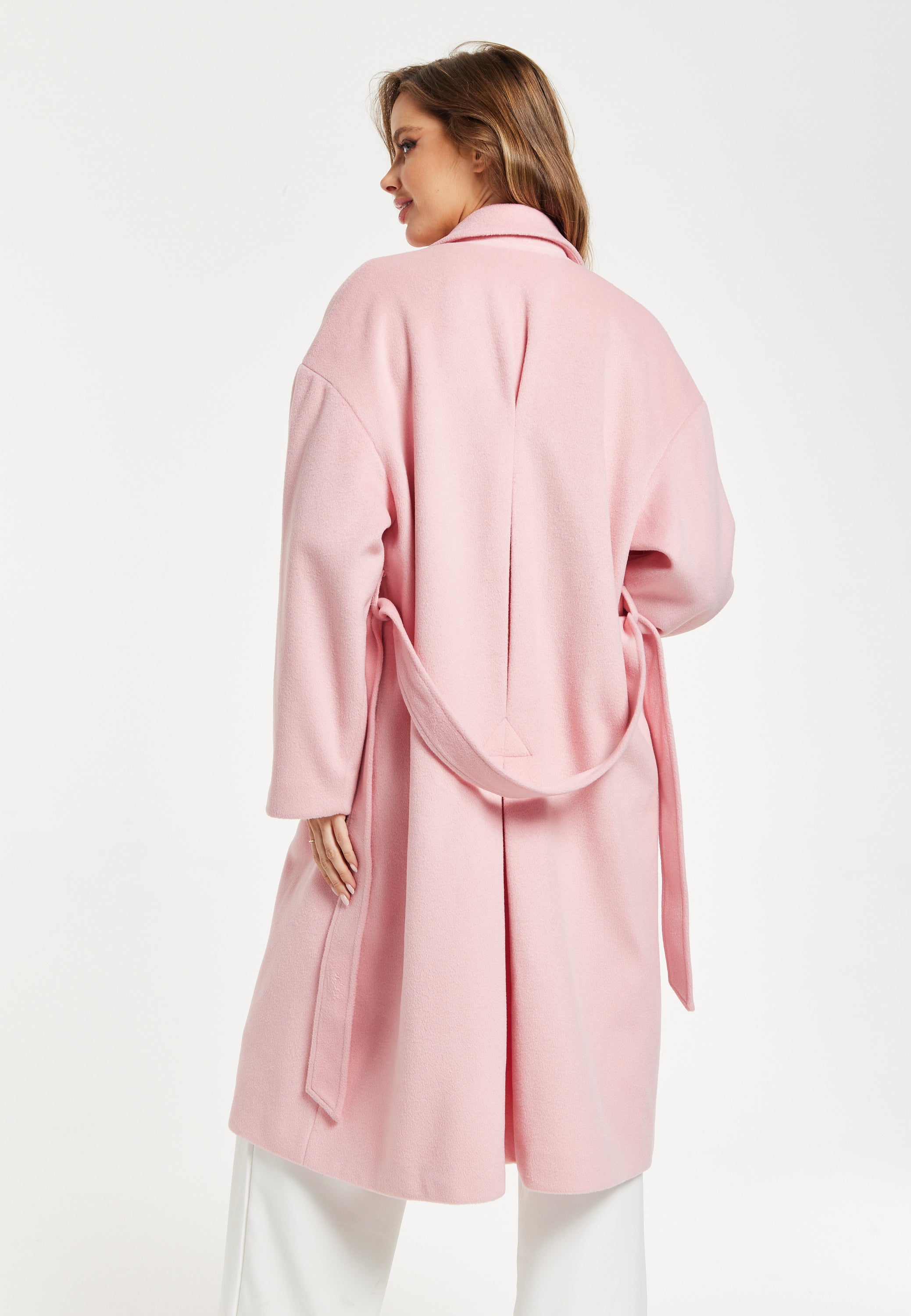 Women’s Pink Longline Coat with Notch Collar and Tie Waist – Relaxed Fit, Side Pockets, Fits Large to Size, Liquorish