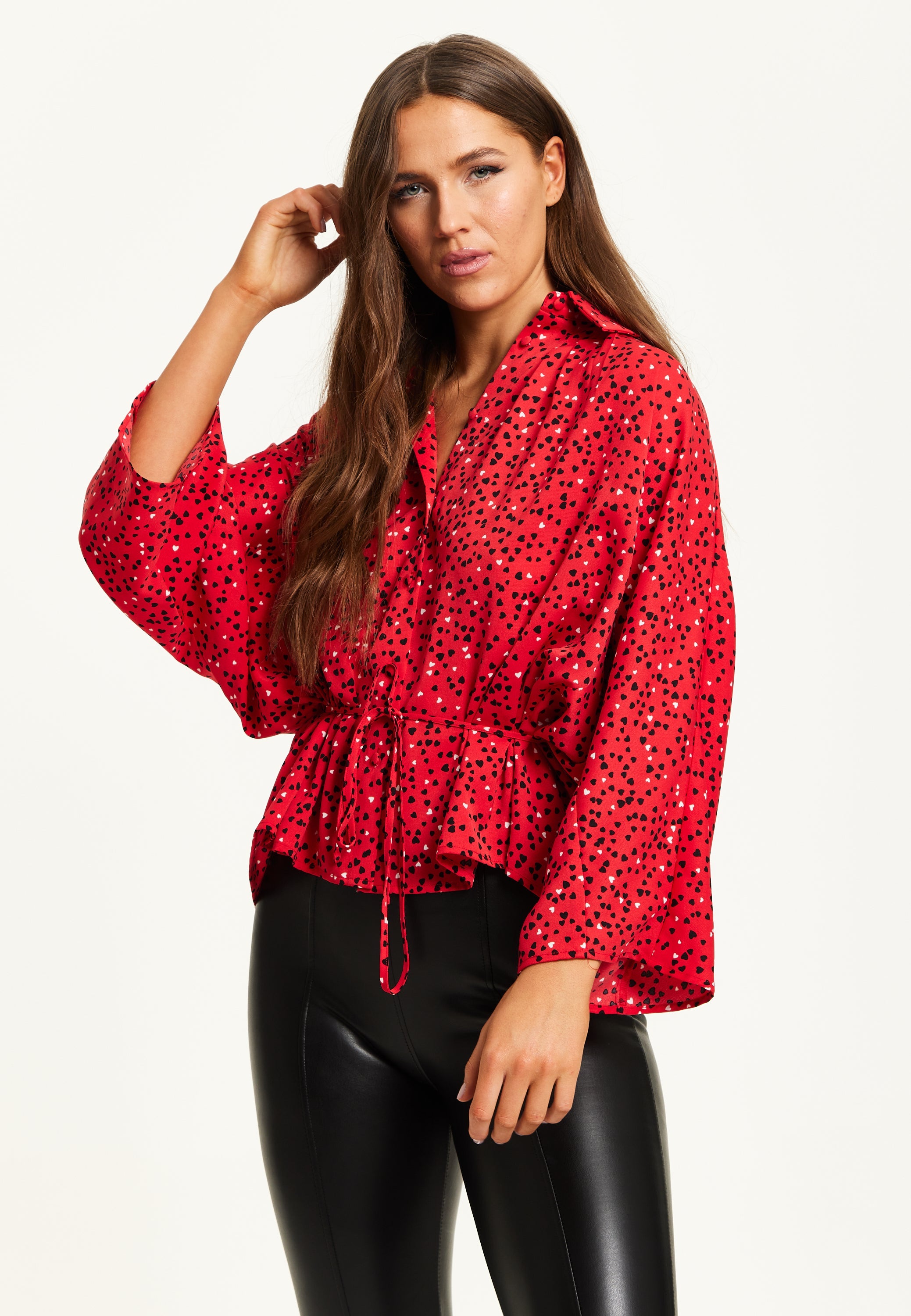 Women’s Heart Print Shirt with Long Sleeves, Tie Waist, Shirt Collar, Regular Fit, Button Up Front