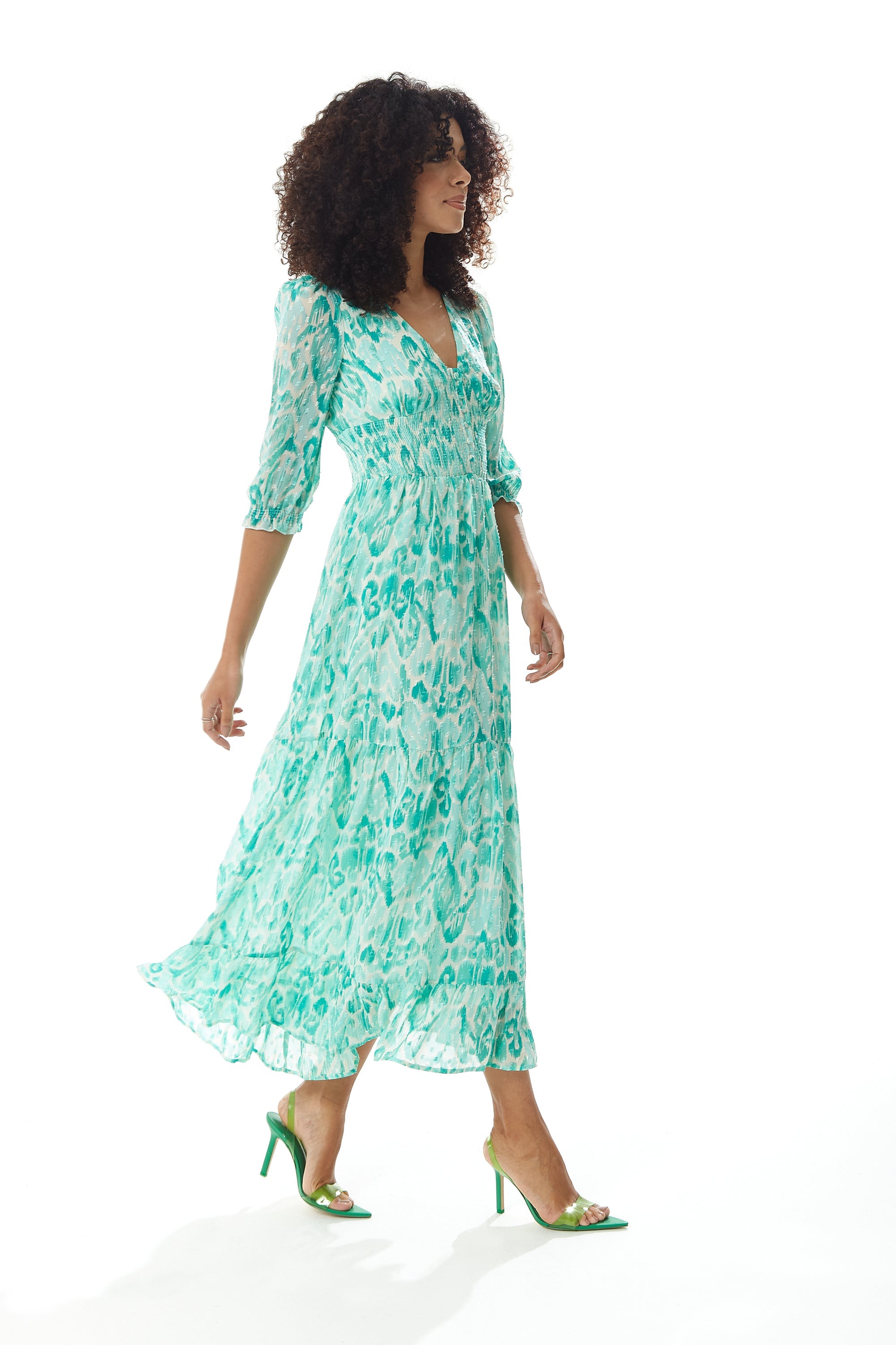 Women's Maxi Dress in Green and White with 3/4 Sleeves and Luxurious Chiffon Fabric - Liquorish