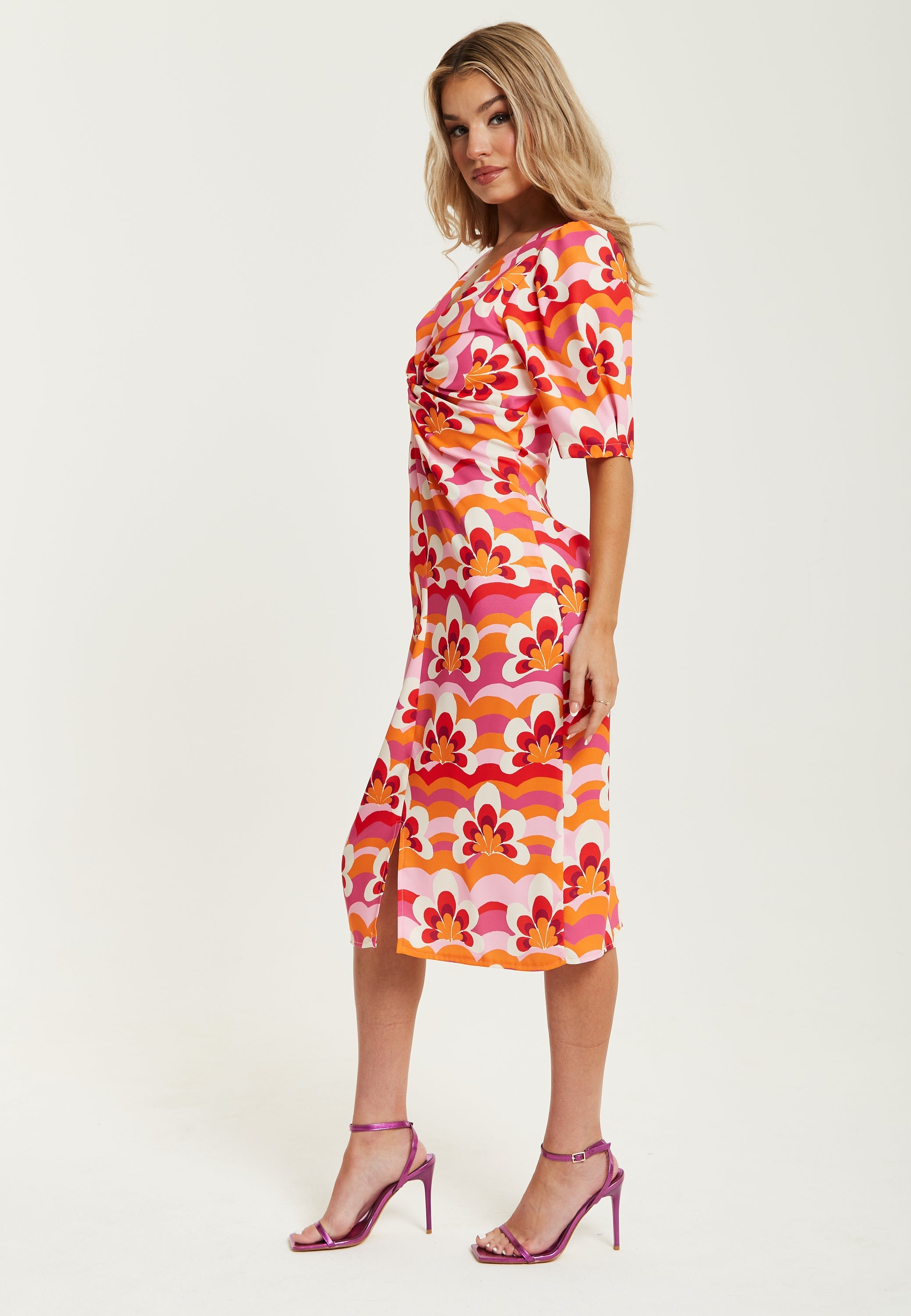 Women's Midi Dress in Orange and Pink with Knot Front, V Neck, Short Sleeves, and Front Slit - Liquorish
