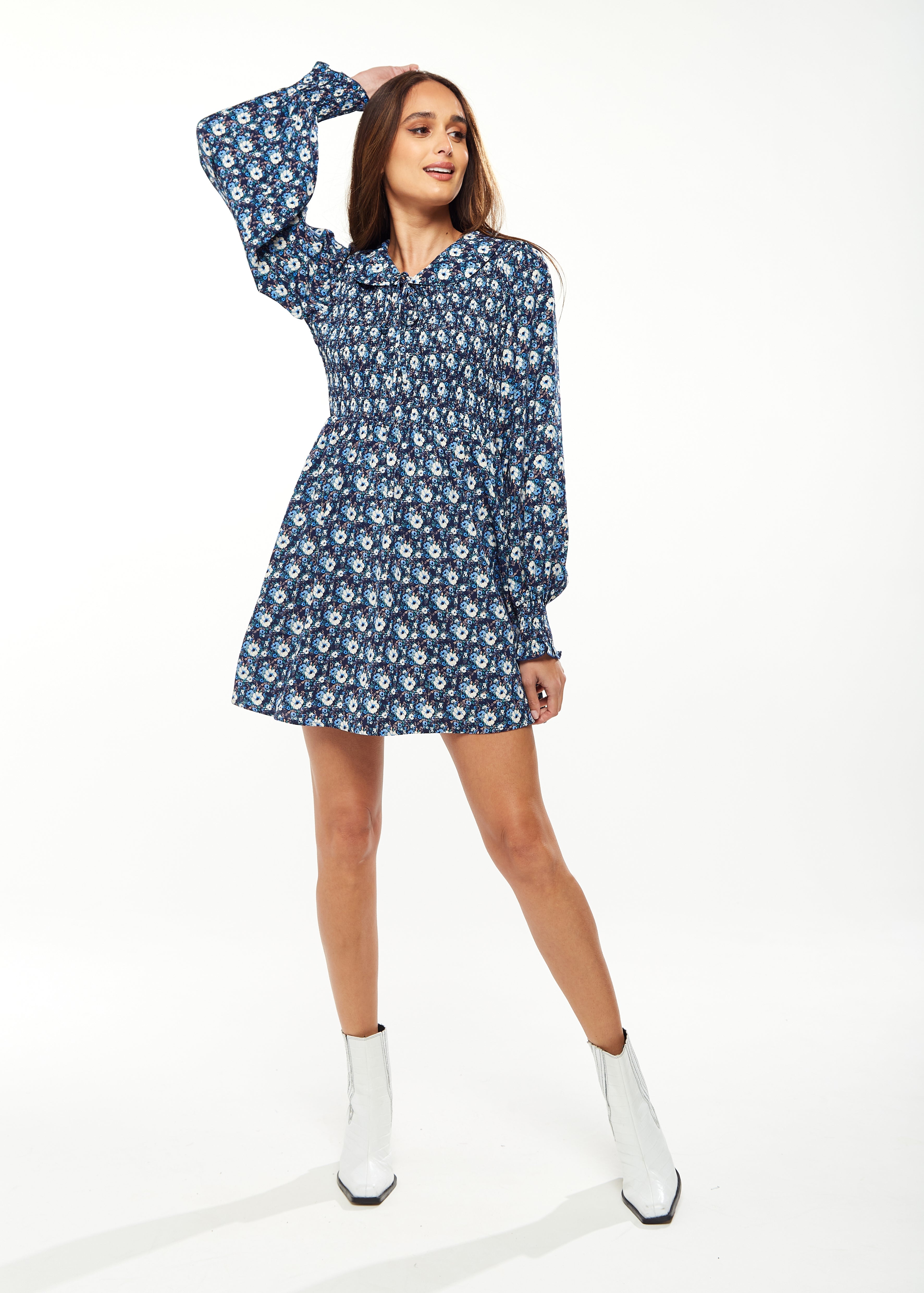 Women's Mini Dress in Blue with Balloon Sleeves and Peter Pan Collar - Floral Print Smock Design by Liquorish