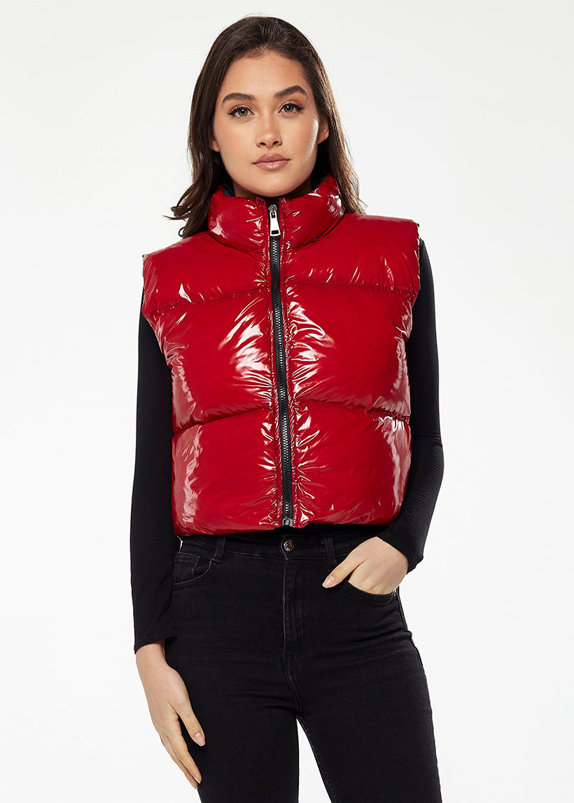 Women’s Wet Look Gilet in Red - Sleeveless, High Neck, Zip Closure, Cropped Fit, Regular Fit, Perfect for Cold Days.