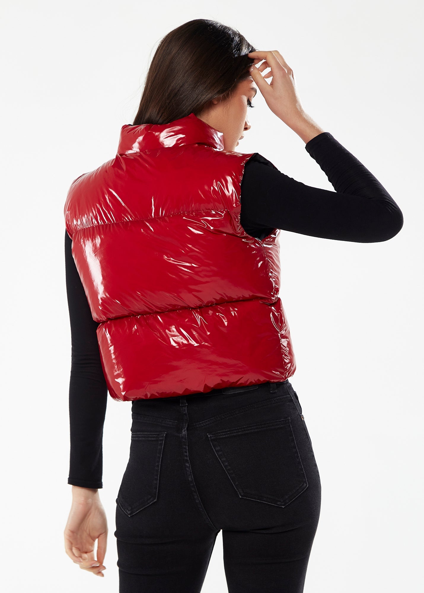 Women’s Wet Look Gilet in Red - Sleeveless, High Neck, Zip Closure, Cropped Fit, Regular Fit, Perfect for Cold Days.
