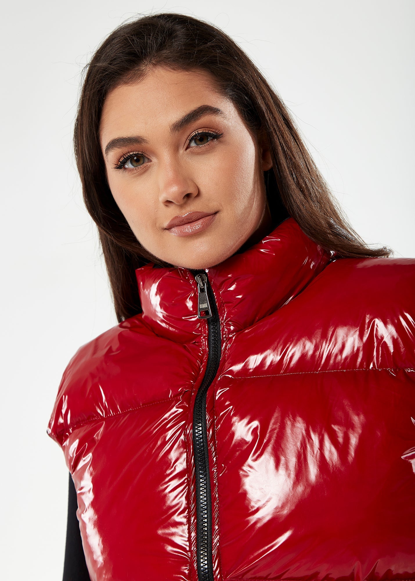 Women’s Wet Look Gilet in Red - Sleeveless, High Neck, Zip Closure, Cropped Fit, Regular Fit, Perfect for Cold Days.