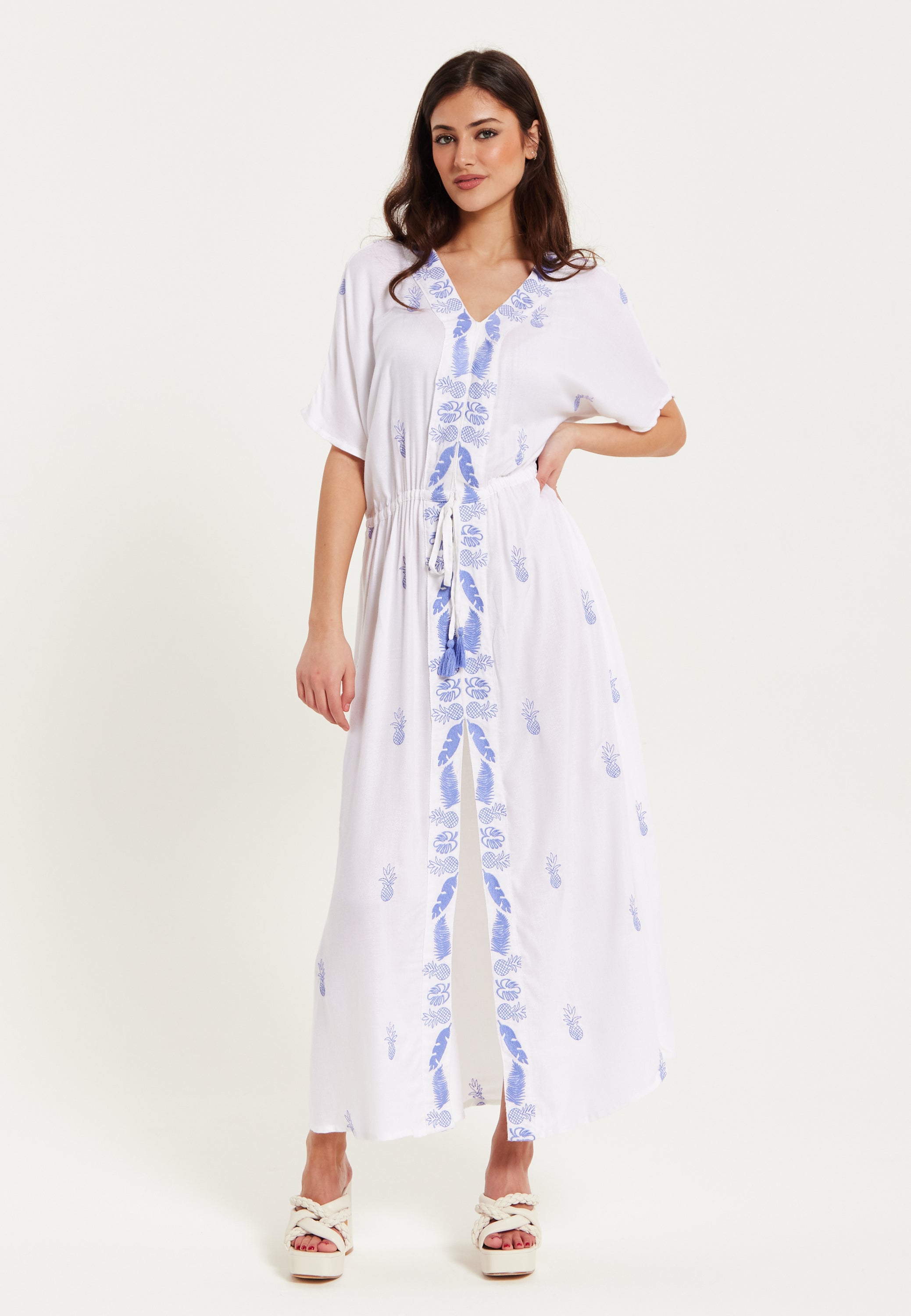 Women's Maxi Dress with Short Sleeves, Blue Pineapple Embroidery in White - Liquorish