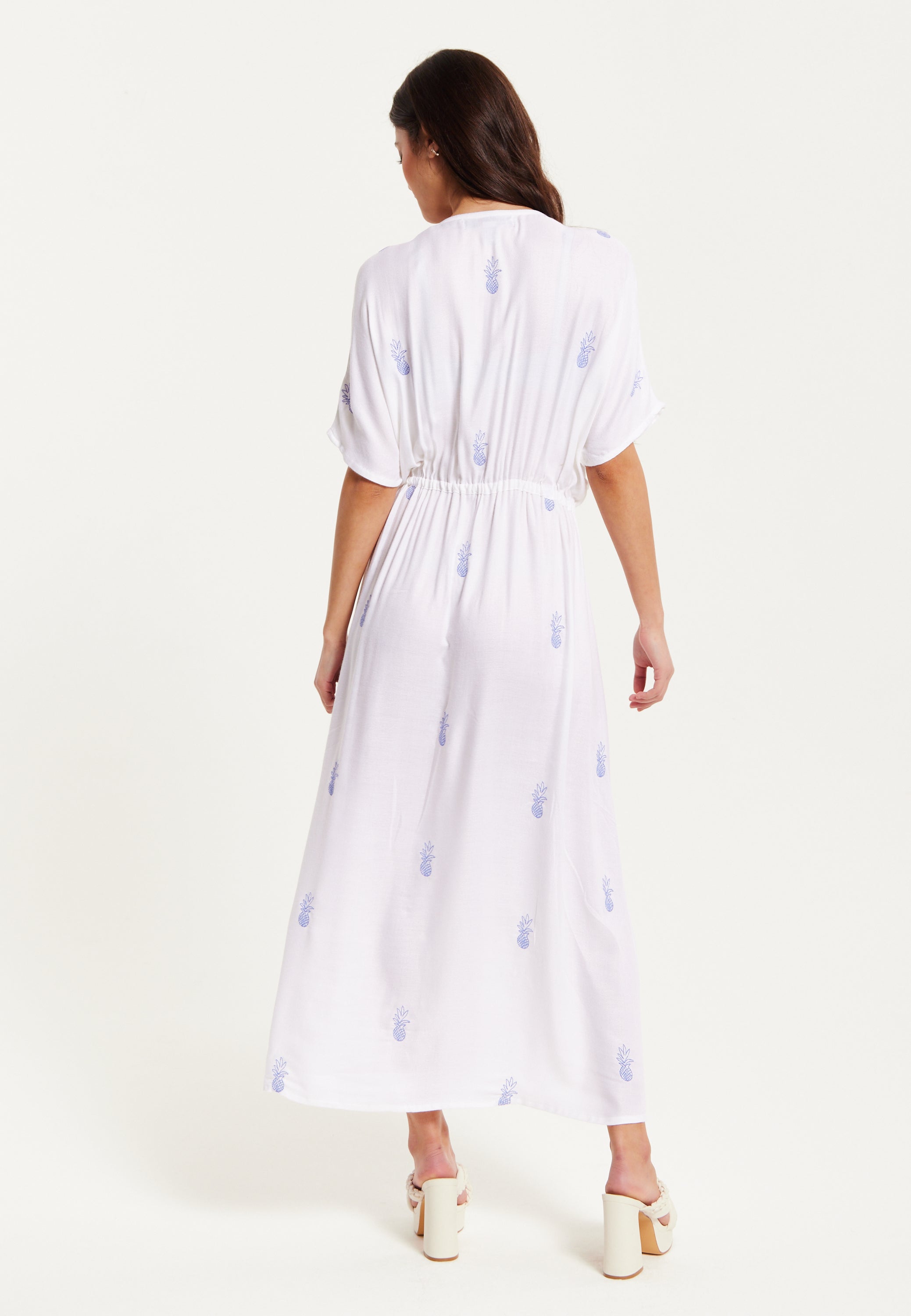 Women's Maxi Dress with Short Sleeves, Blue Pineapple Embroidery in White - Liquorish