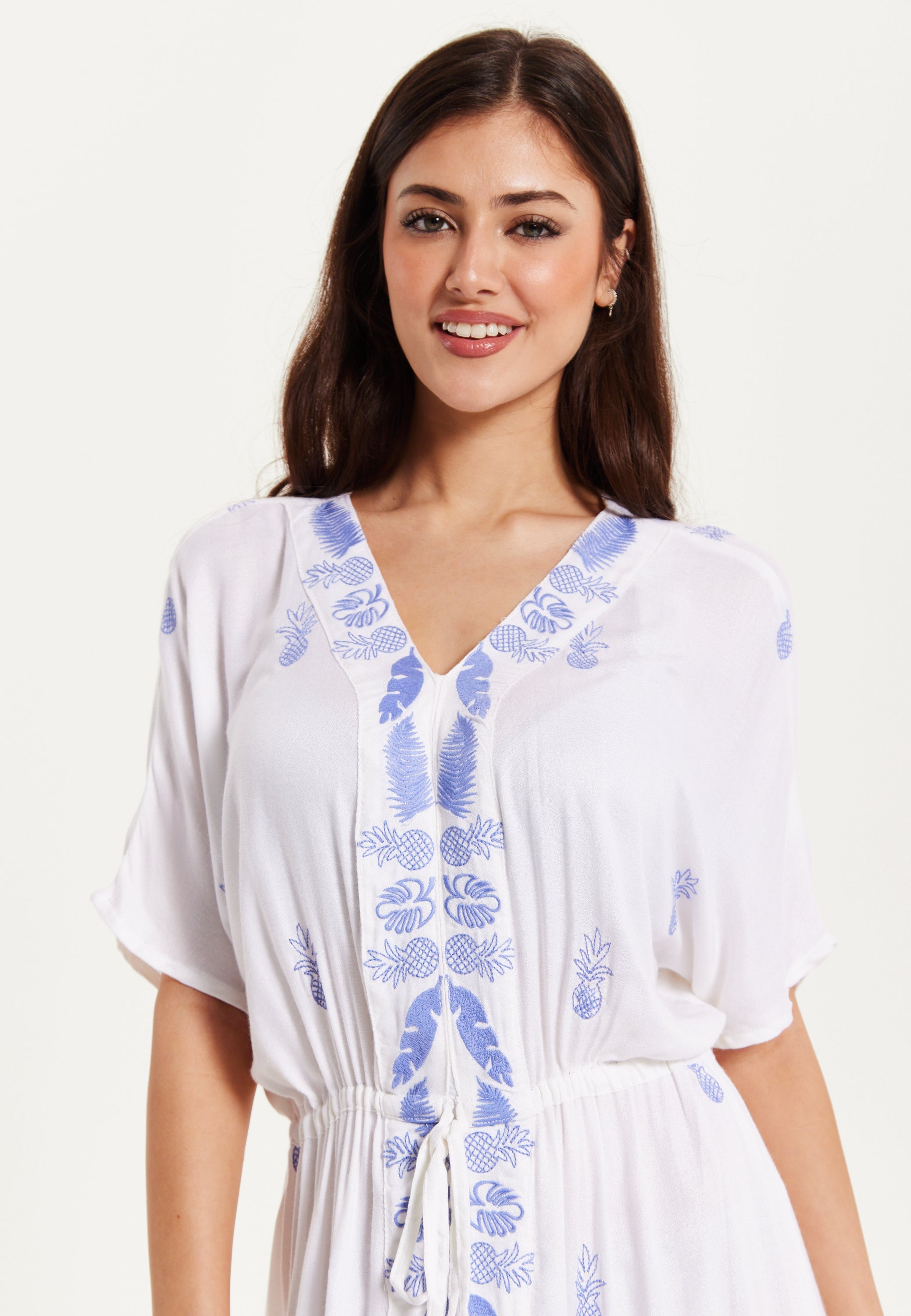 Women's Maxi Dress with Short Sleeves, Blue Pineapple Embroidery in White - Liquorish
