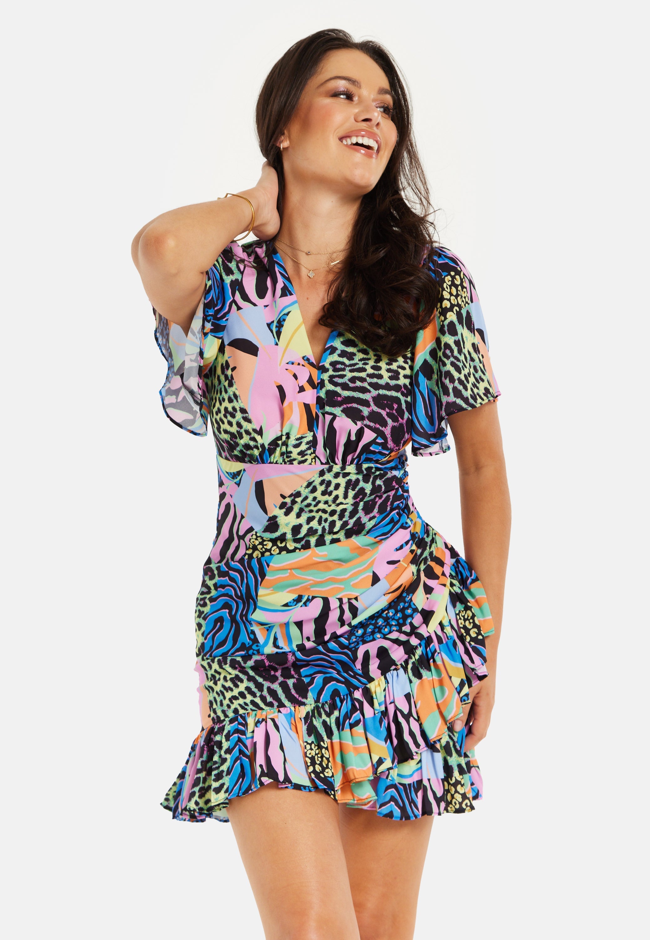 Women's Mini Dress with Frilled Hem, Ruched Detail, Short Sleeves in Multicolour - Liquorish
