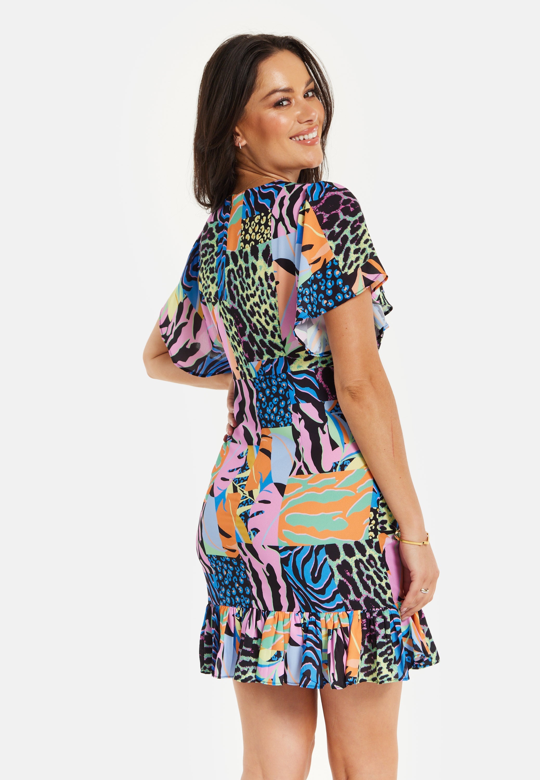 Women's Mini Dress with Frilled Hem, Ruched Detail, Short Sleeves in Multicolour - Liquorish