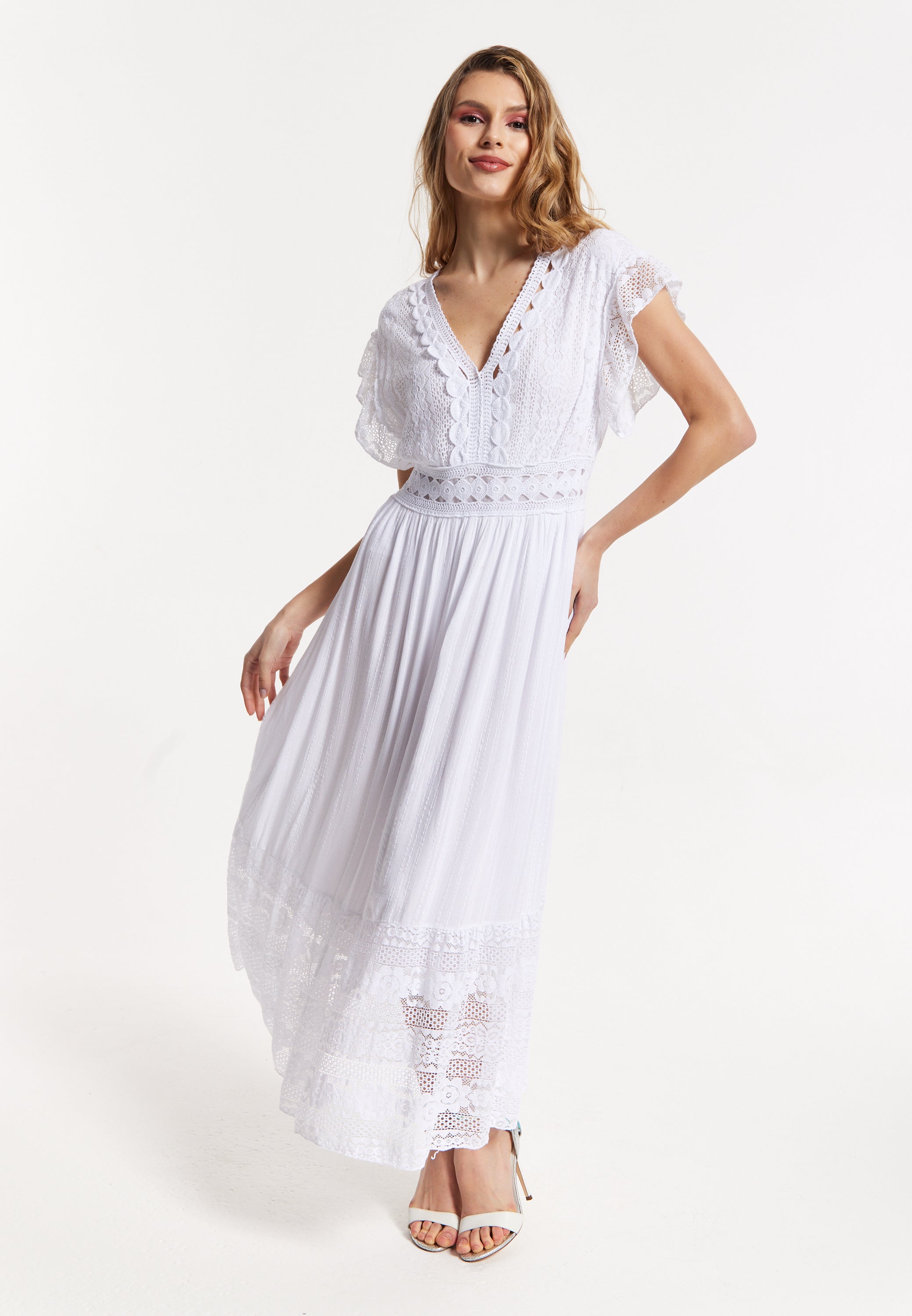 Elegant V-Neck White Lace Maxi Dress