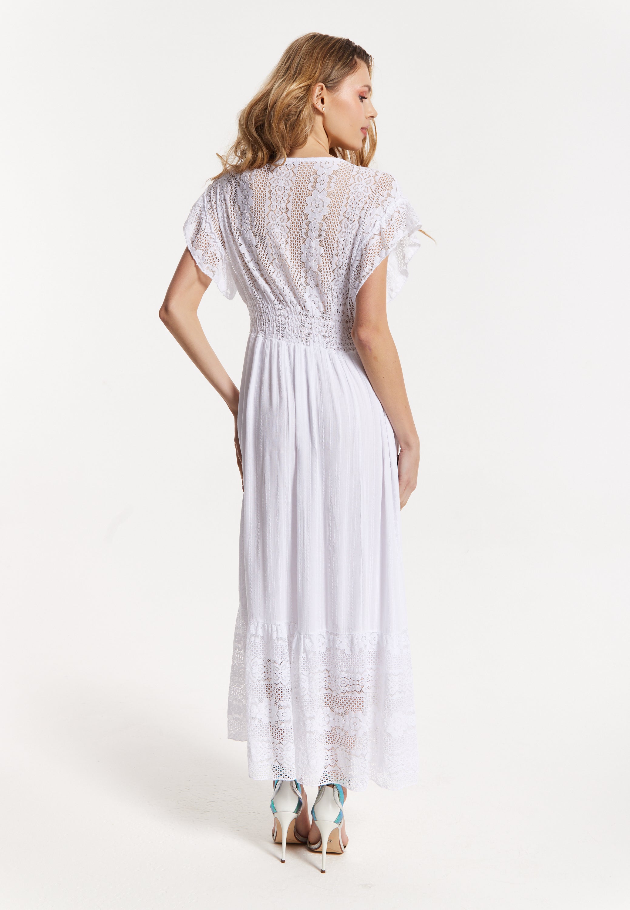Elegant V-Neck White Lace Maxi Dress