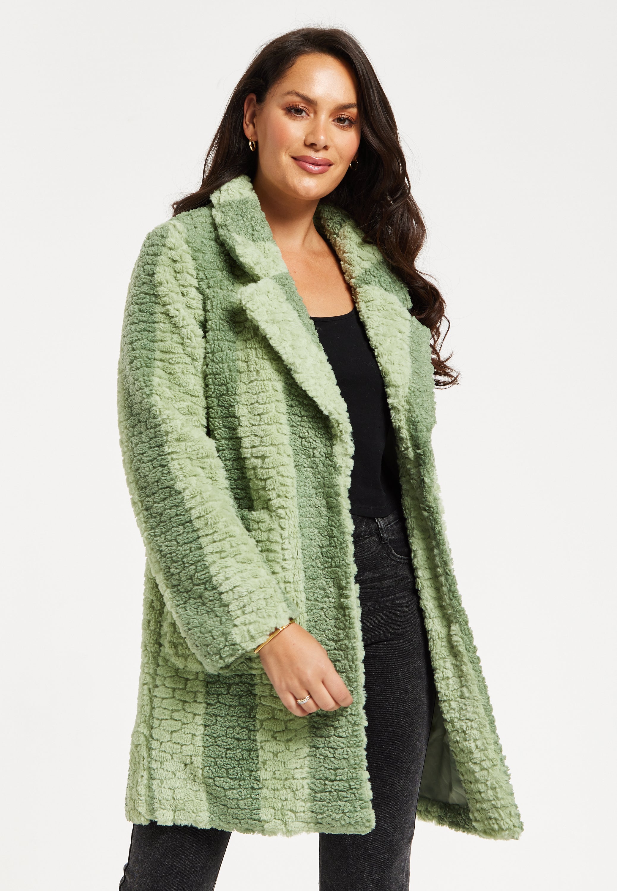 Women's Coat in Green Stripes with Drop Shoulders and Side Pockets - Flattering Fluffy Design by Liquorish
