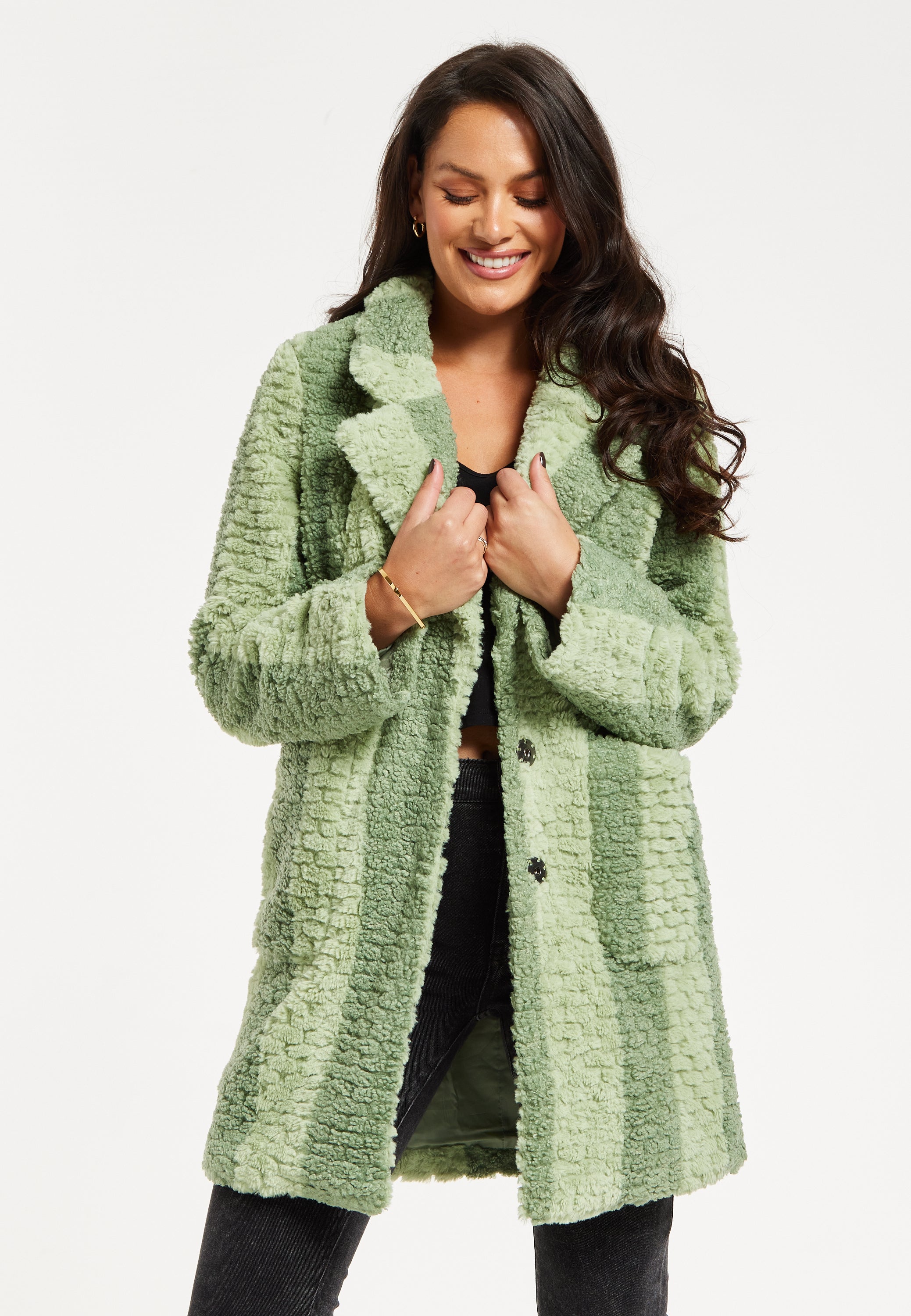 Women's Coat in Green Stripes with Drop Shoulders and Side Pockets - Flattering Fluffy Design by Liquorish