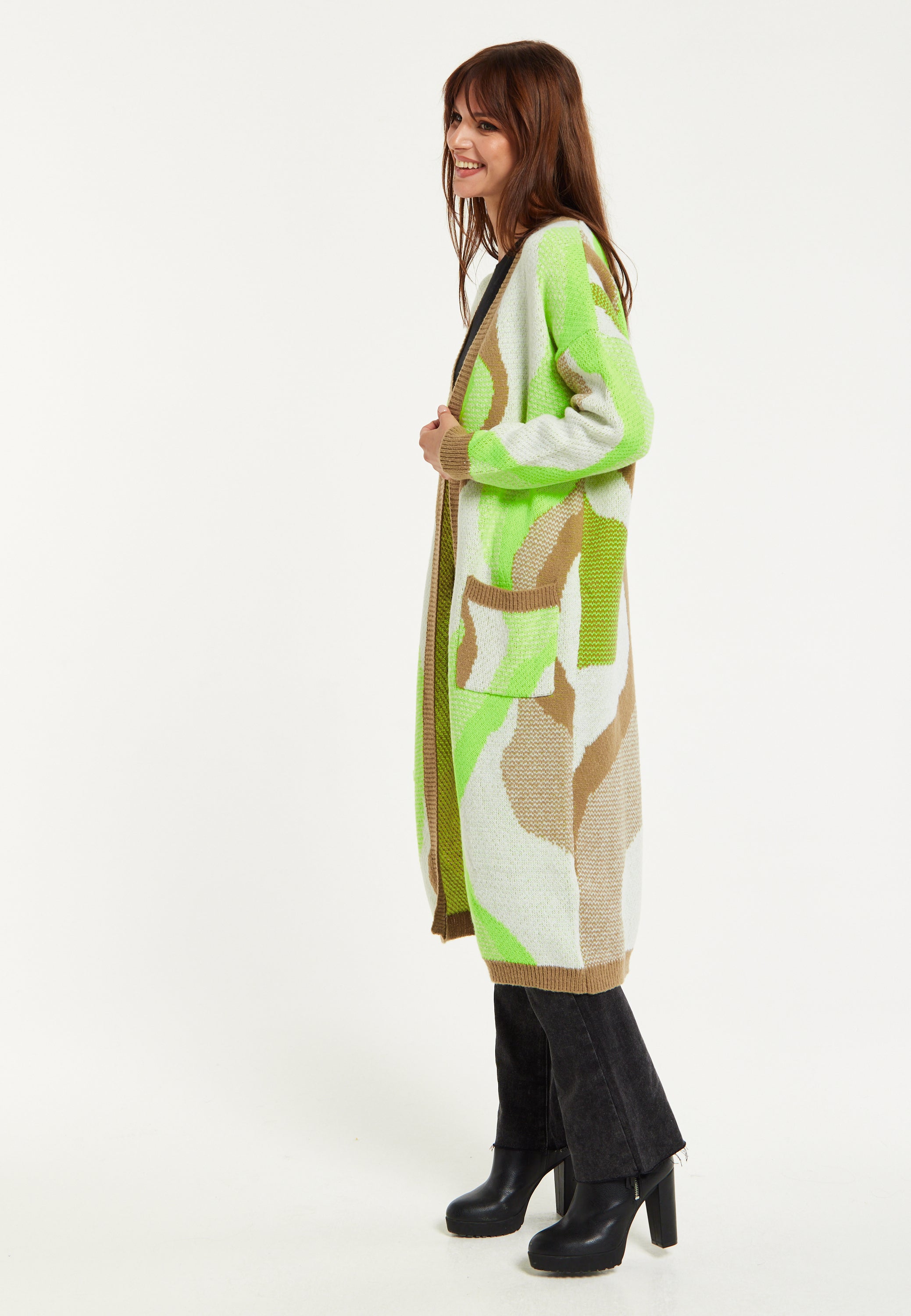 Women's Longline Cardigan in Brown, Green & White with Contrast Neckline & Pockets, Relaxed Fit, Liquorish