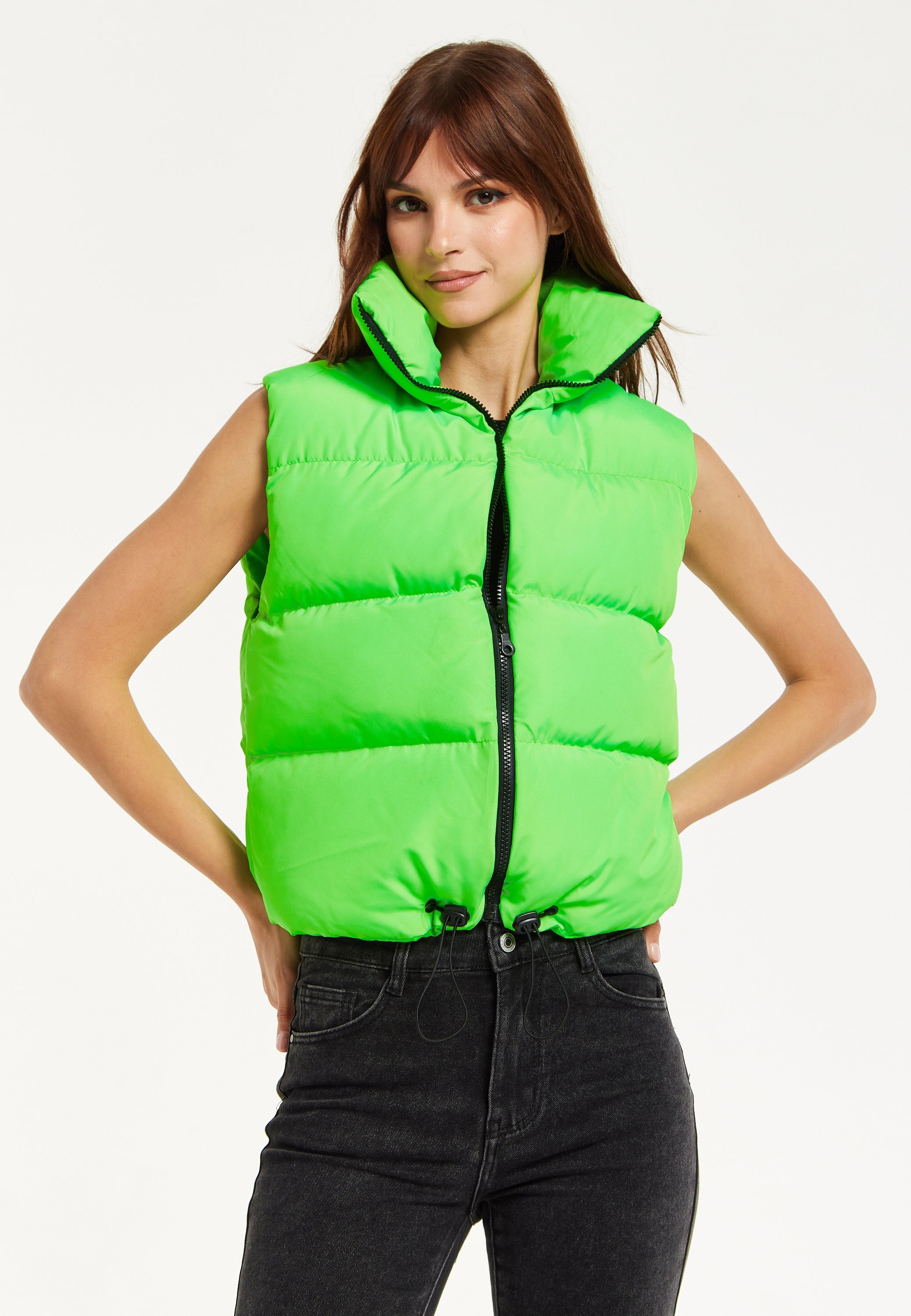 Women's Green Puffer Vest with Drawstring Hem - Cozy Zip-Up, High Collar, Adjustable Fit, Perfect for Layering.