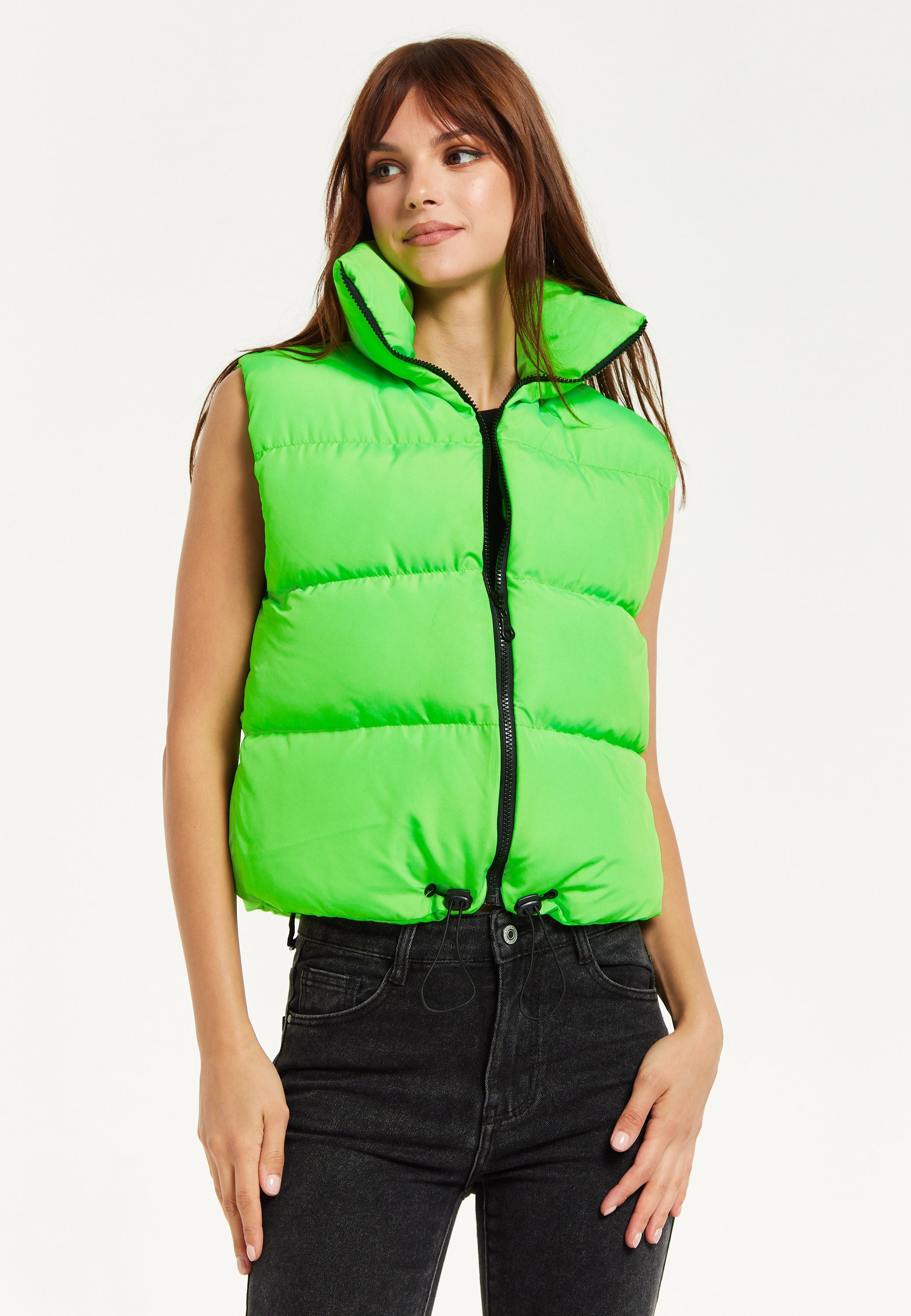 Women's Green Puffer Vest with Drawstring Hem - Cozy Zip-Up, High Collar, Adjustable Fit, Perfect for Layering.