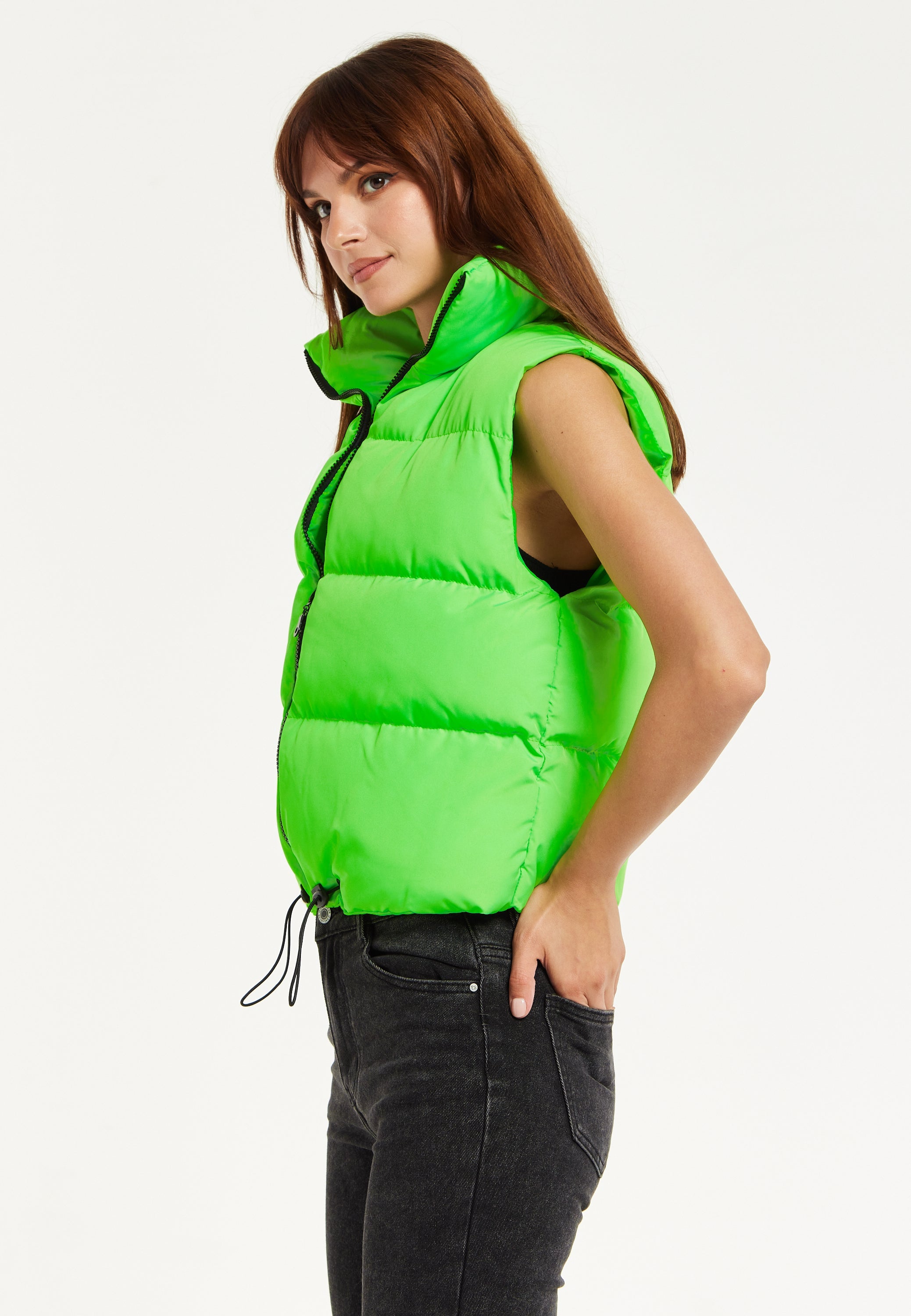 Women's Green Puffer Vest with Drawstring Hem - Cozy Zip-Up, High Collar, Adjustable Fit, Perfect for Layering.