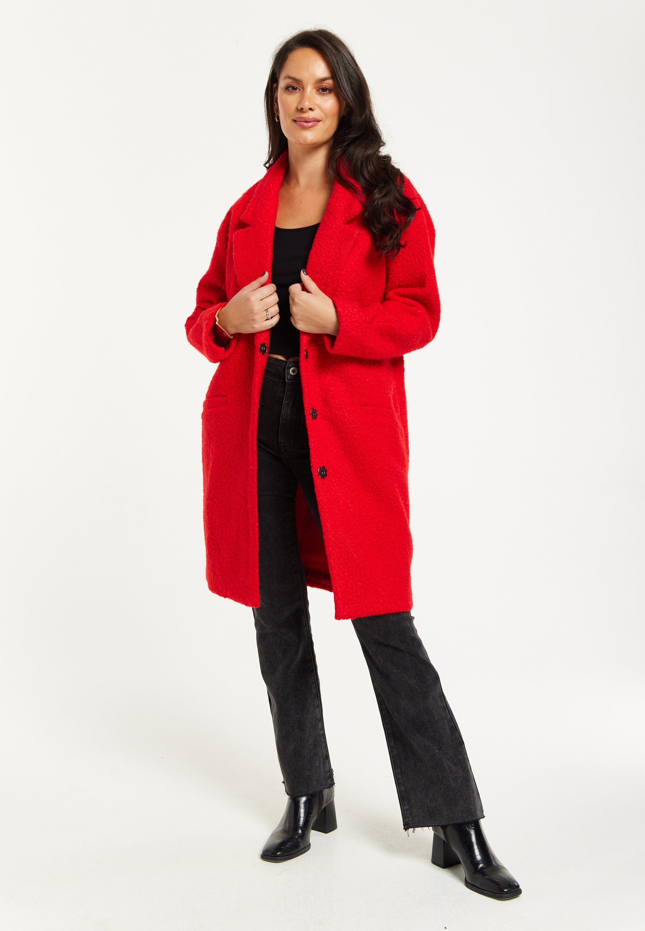 Women's Red Bouclé Coat with Notch Lapels, Dropped Shoulders & Relaxed Fit - Liquorish