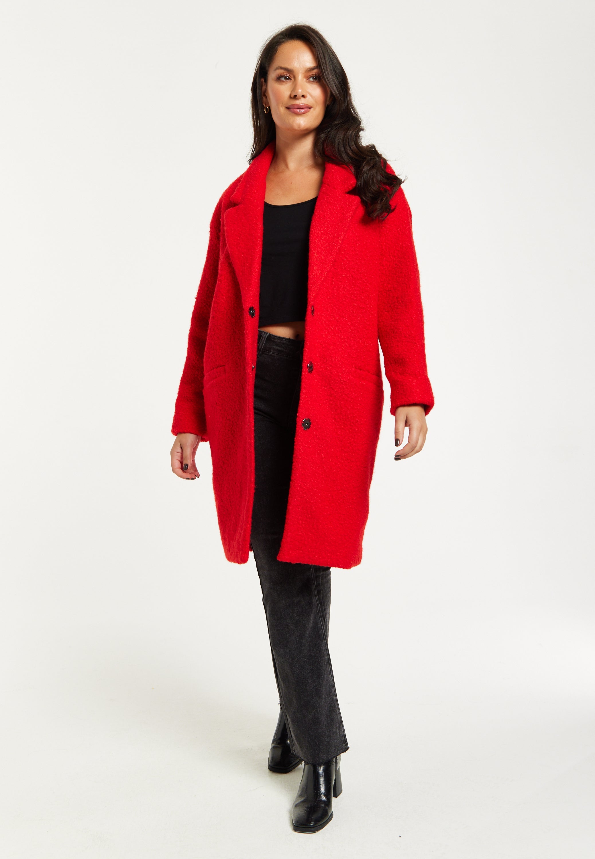 Women's Red Bouclé Coat with Notch Lapels, Dropped Shoulders & Relaxed Fit - Liquorish