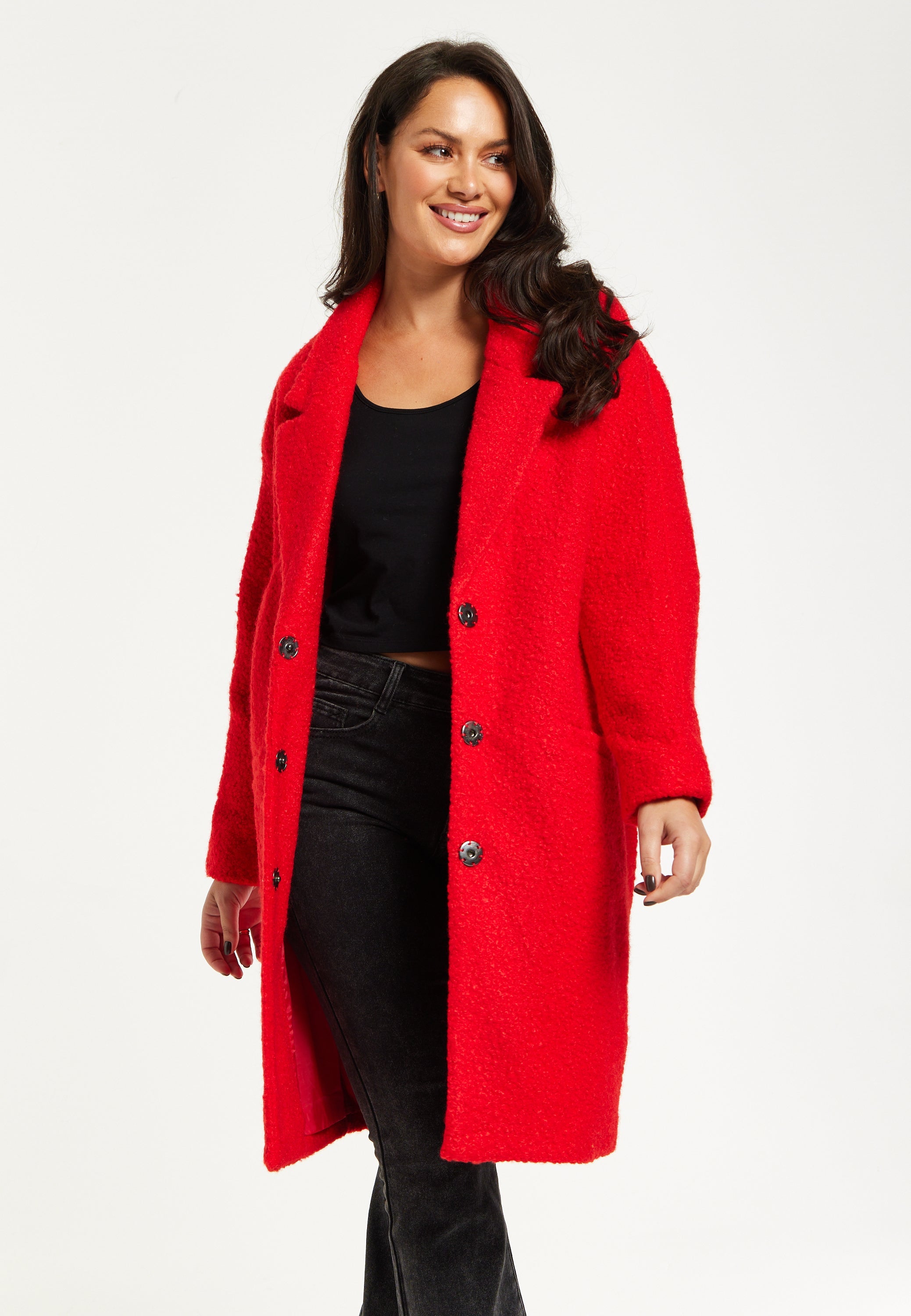 Women's Red Bouclé Coat with Notch Lapels, Dropped Shoulders & Relaxed Fit - Liquorish