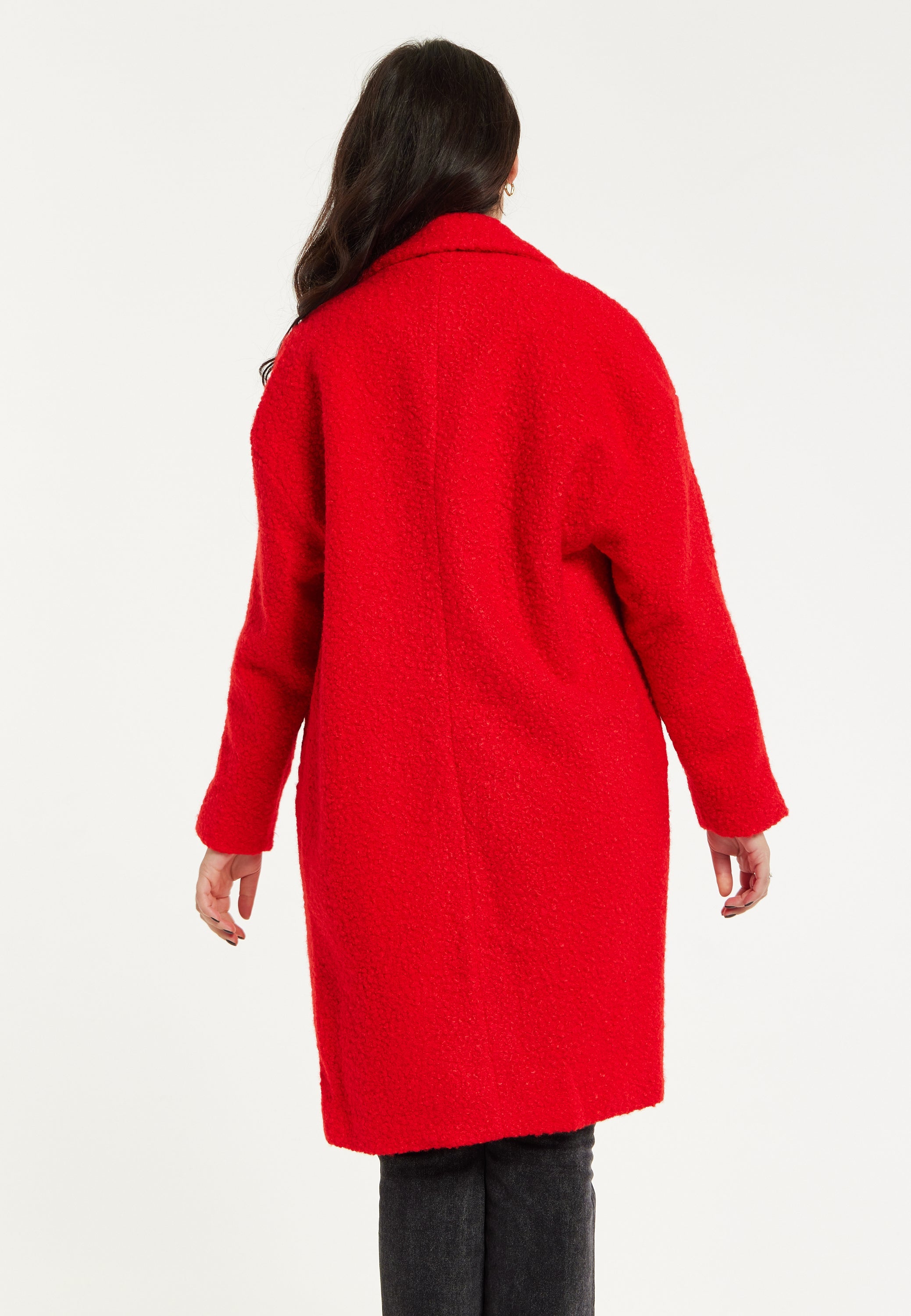 Women's Red Bouclé Coat with Notch Lapels, Dropped Shoulders & Relaxed Fit - Liquorish