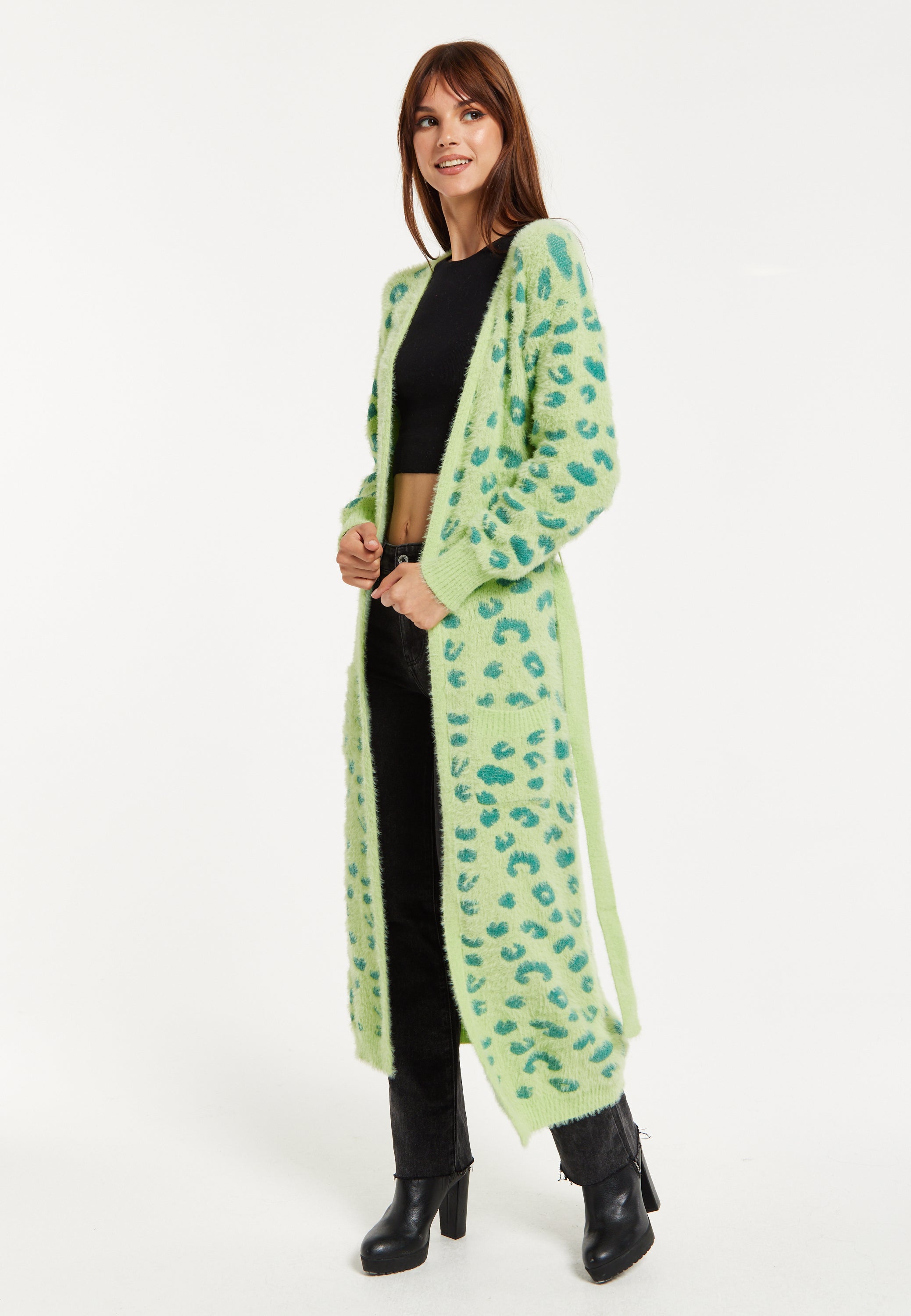 Women's Cardigan in Green Animal Print with Longline Design and Front Pockets - Liquorish
